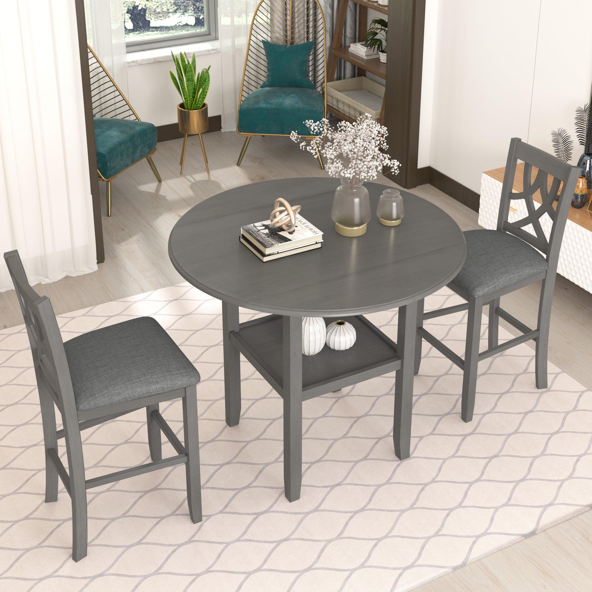 Farmhouse 3 Piece Round Counter Height Kitchen Dining Table Set with Drop Leaf Table, One Shelf and 2 Cross Back Padded Chairs for Small Places, Gray