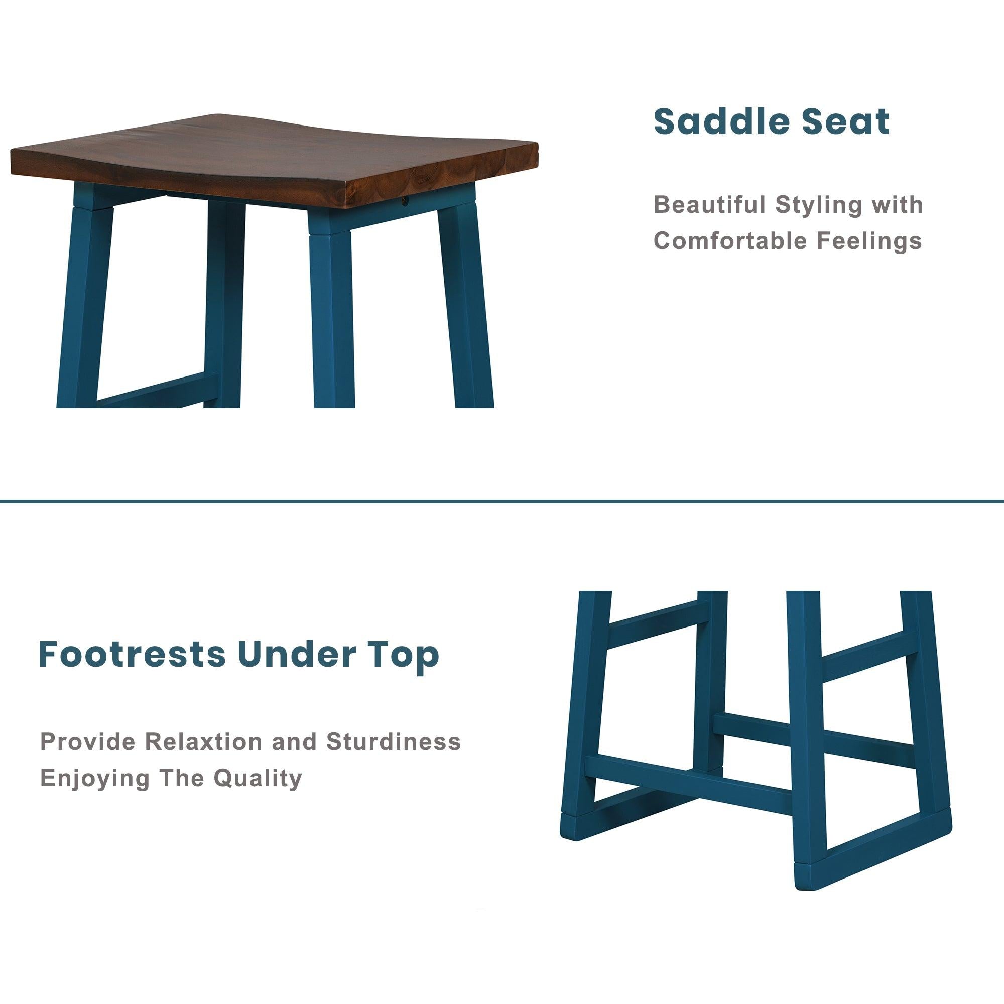 Rustic Counter Height 5-Piece Dining Set, Wood Console Table Set with 4 Stools for Small Places,Walnut+Blue