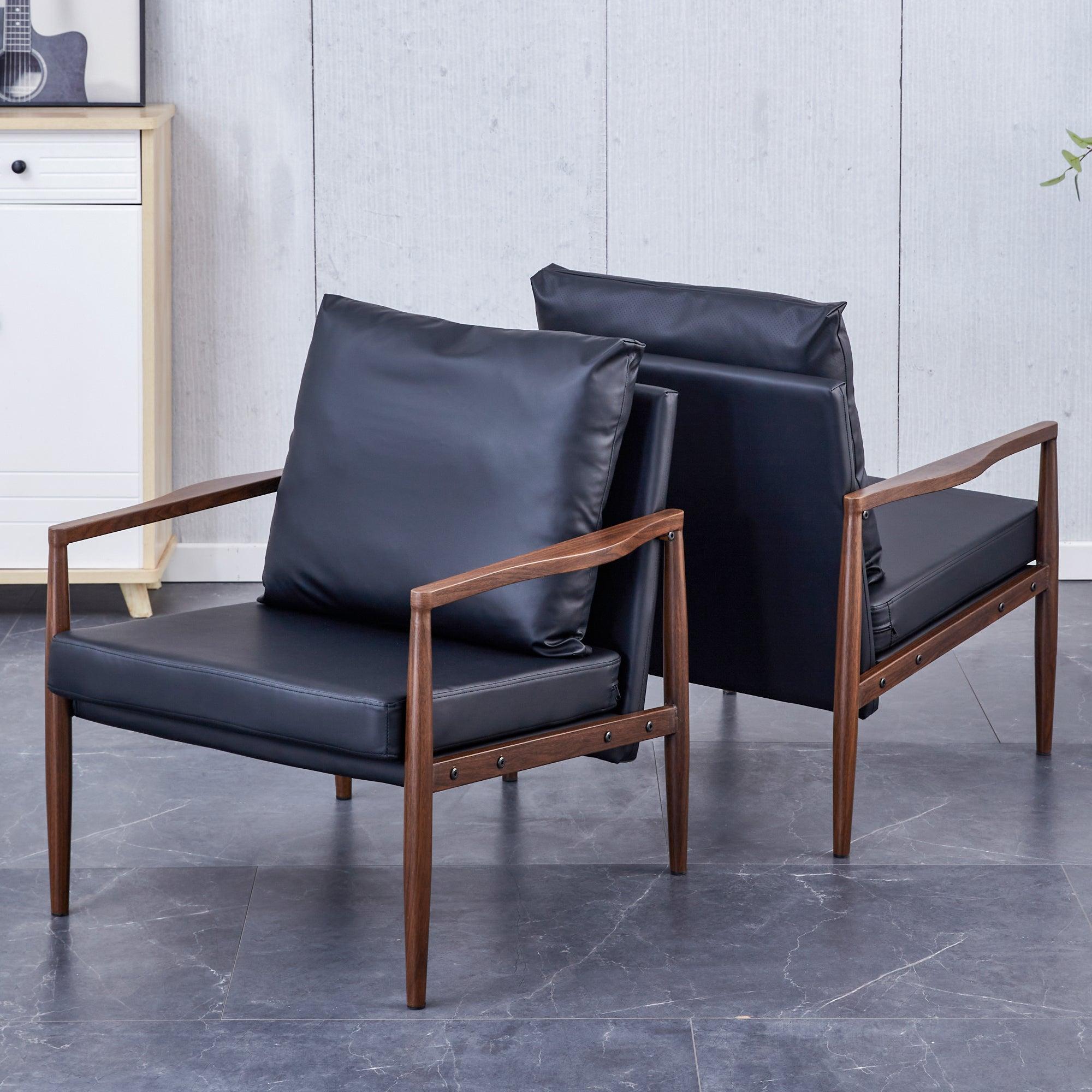 Sofa Chair.Black PU Leather Accent Arm Chair Mid CenturyModern Upholstered Armchair with Imitation solid wood color Metal Frame Padded Backrest and Seat Cushion Sofa Chairs for Living Room