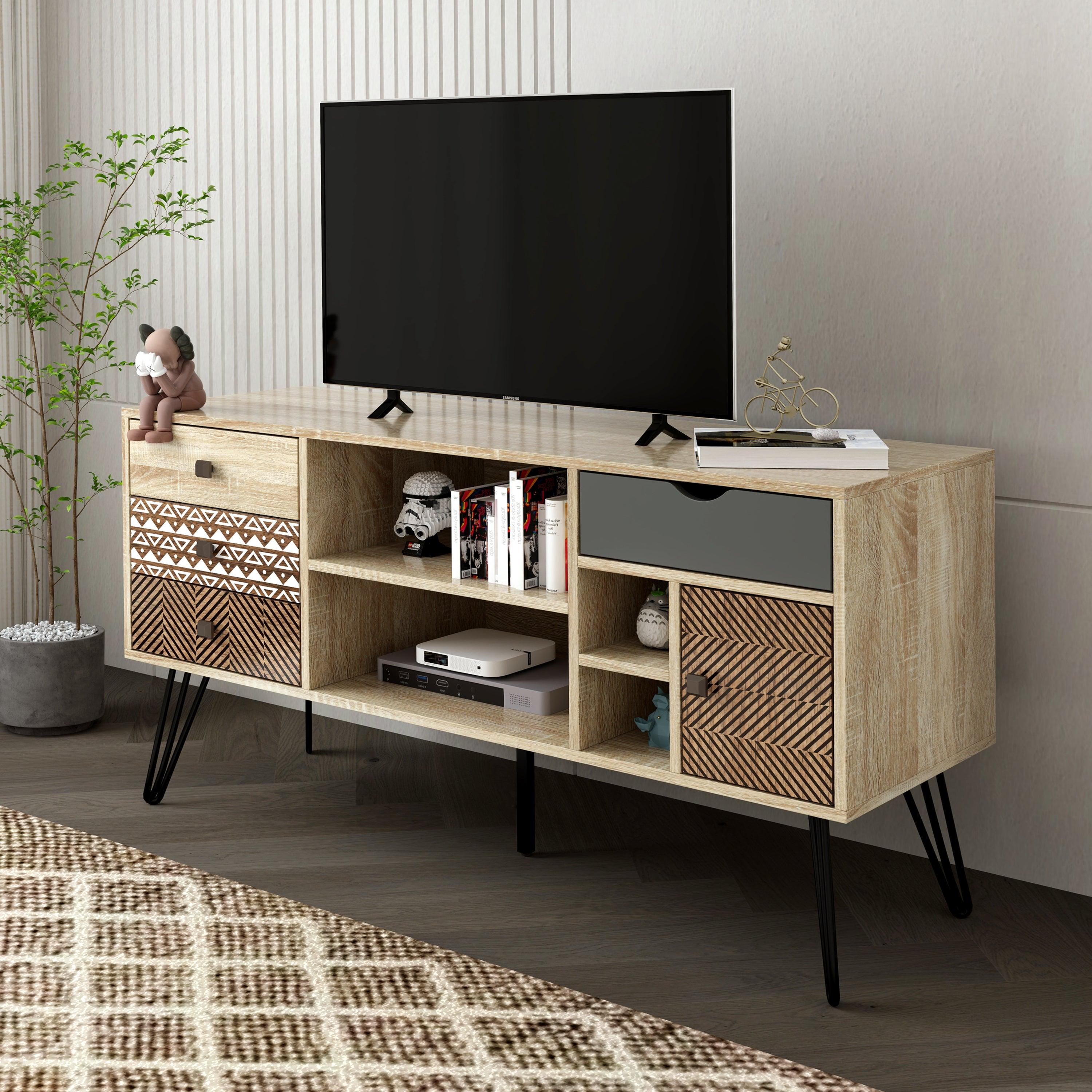 TV Stand withStorage Cabinet and Shelves, TV Console Table for Living Room,bohemian style