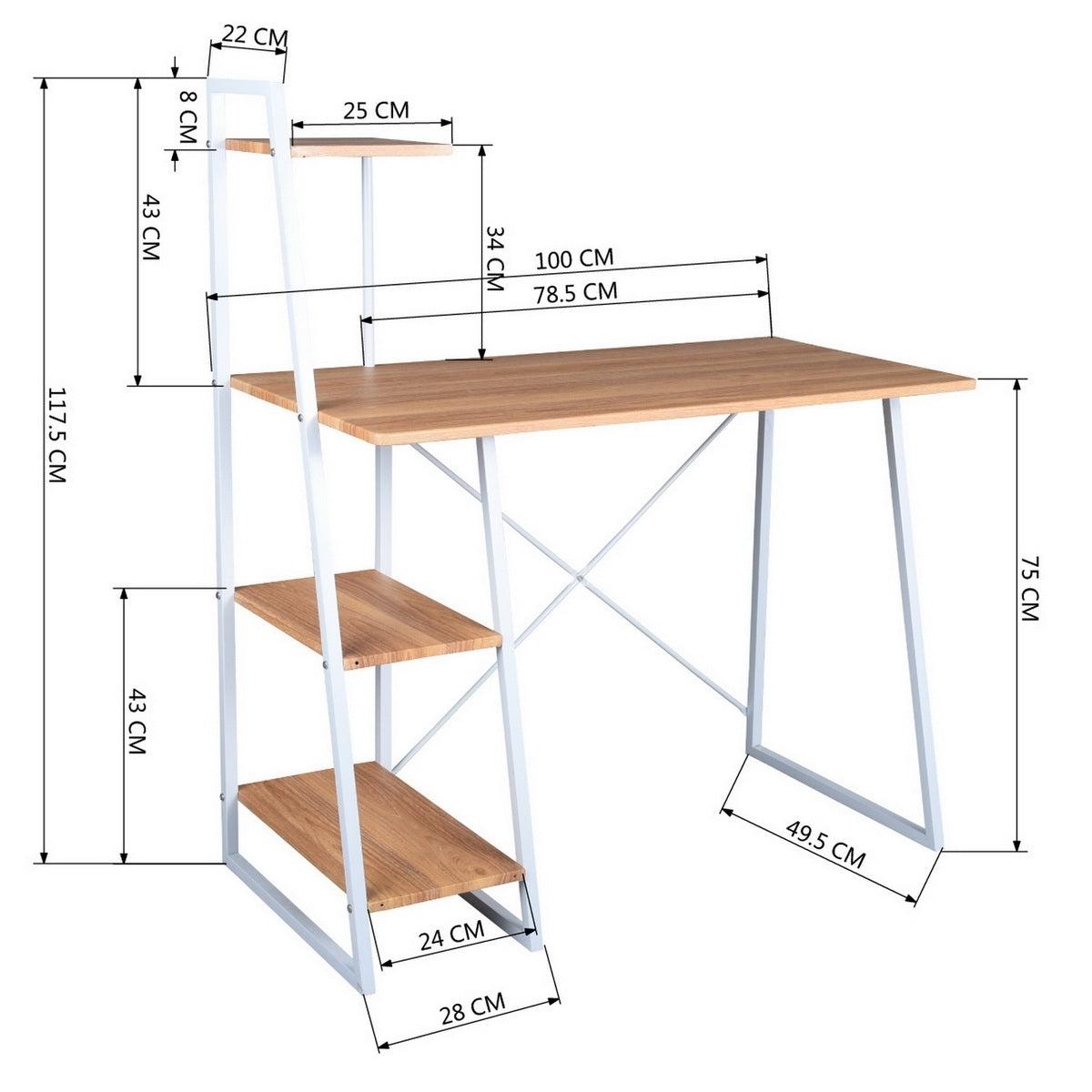 39.4"W X 19.5"D X 29.5"-46.3"H 4 TierStorage Shelf Computer Desk, OAK & WHITE