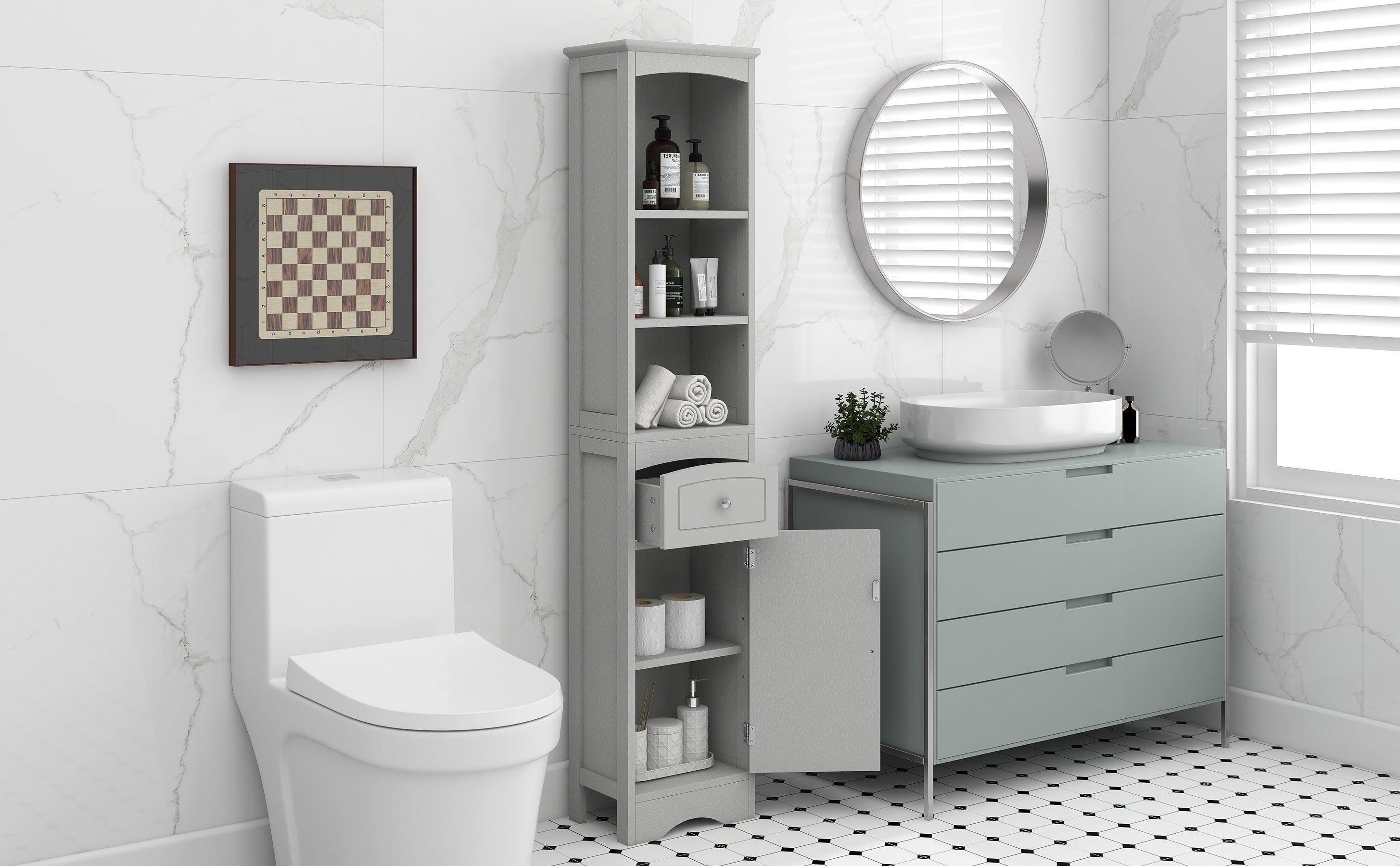 Tall Bathroom Cabinet, FreestandingStorage Cabinet with Drawer, MDF Board, Adjustable Shelf, Grey