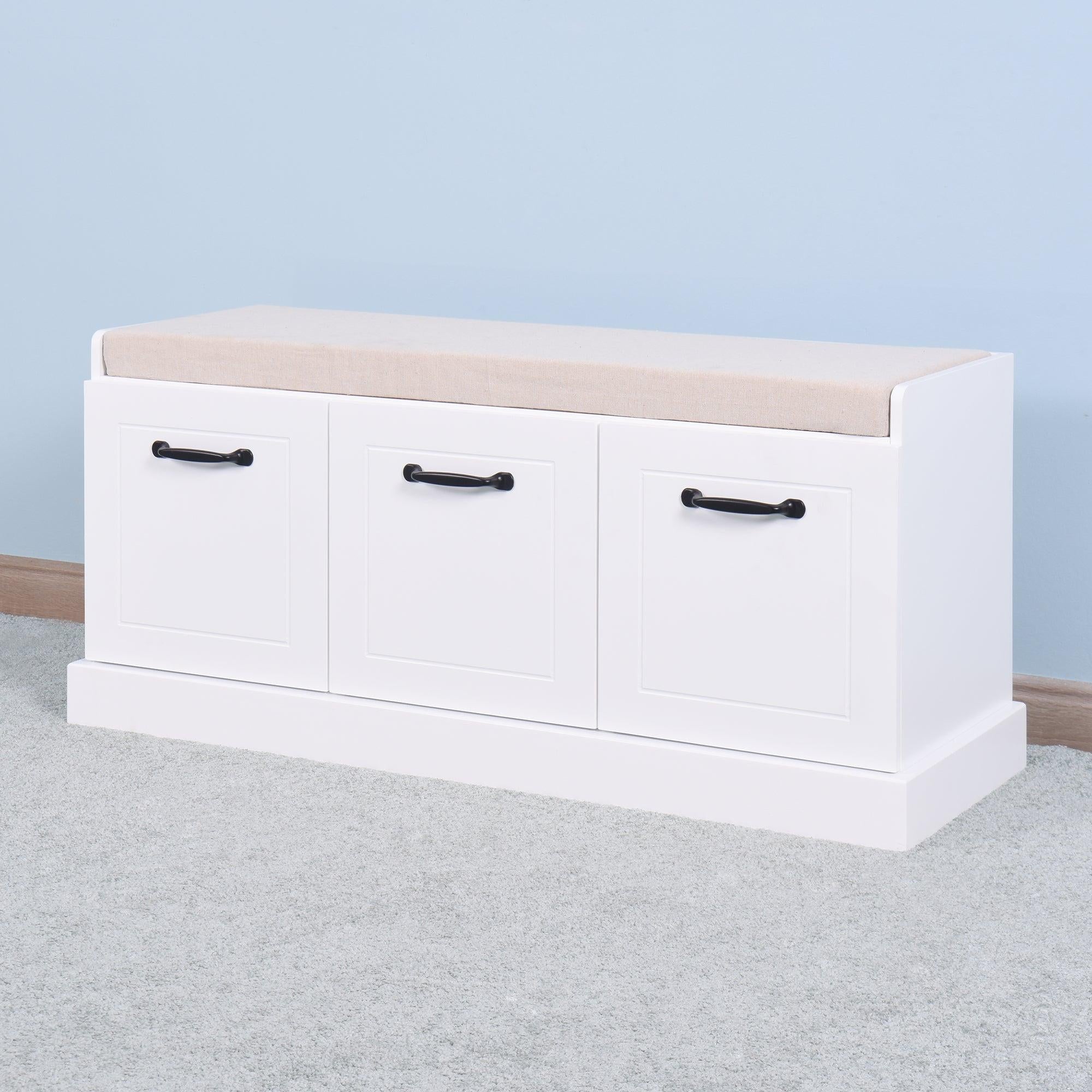 Wooden EntrywayShoe Cabinet Living RoomStorage Bench with White Cushion