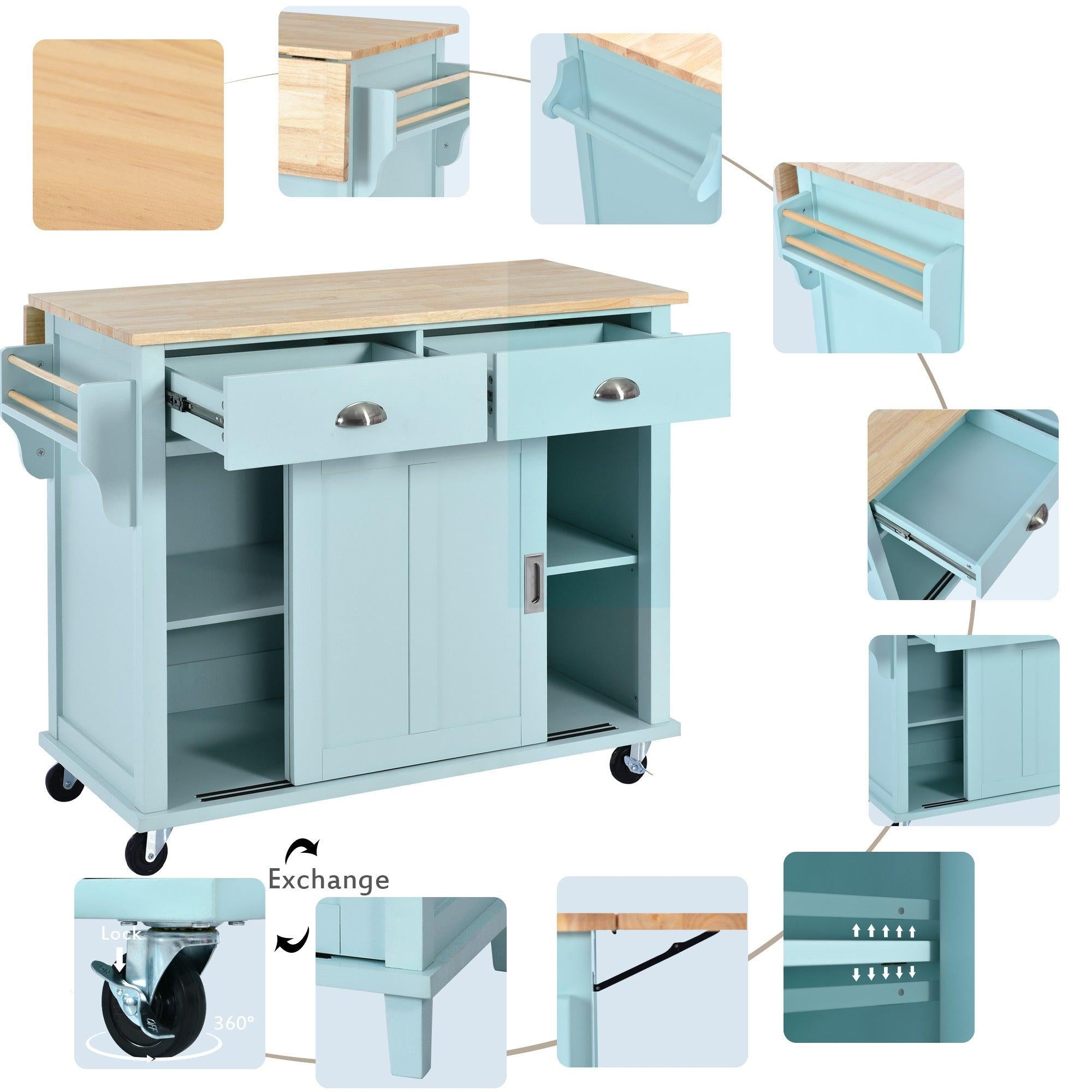 Kitchen Cart with Rubber wood Drop-Leaf Countertop, Concealed sliding barn door adjustable height,Kitchen Island on 4 Wheels withStorage Cabinet and 2 Drawers,L52.2xW30.5xH36.6 inch, Mint Green