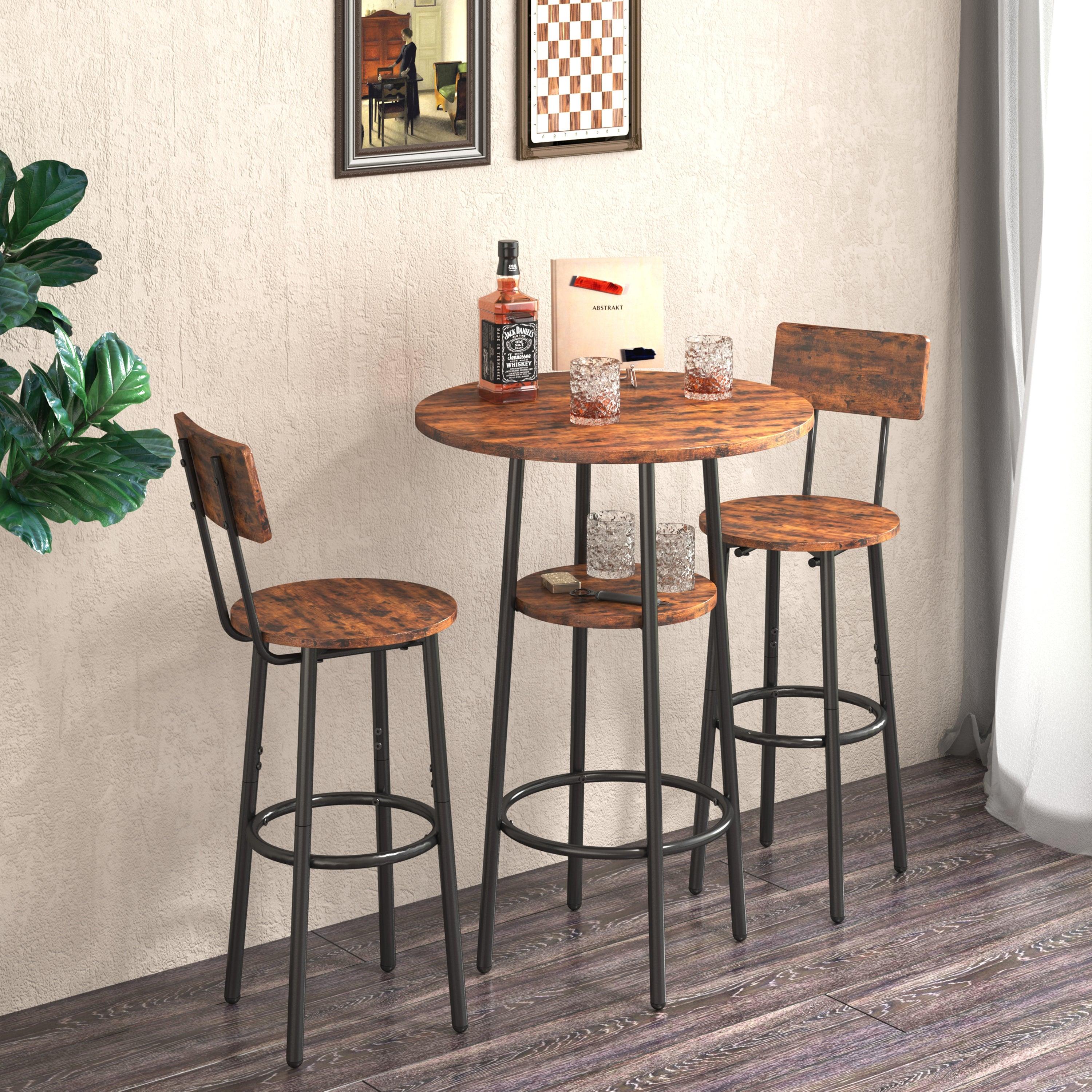 double -layer round bar table set 3PC breakfast table, including 2 back stools with back(Rustic Brown,23.62’’w x 23.62’’d x 35.43’’h) image