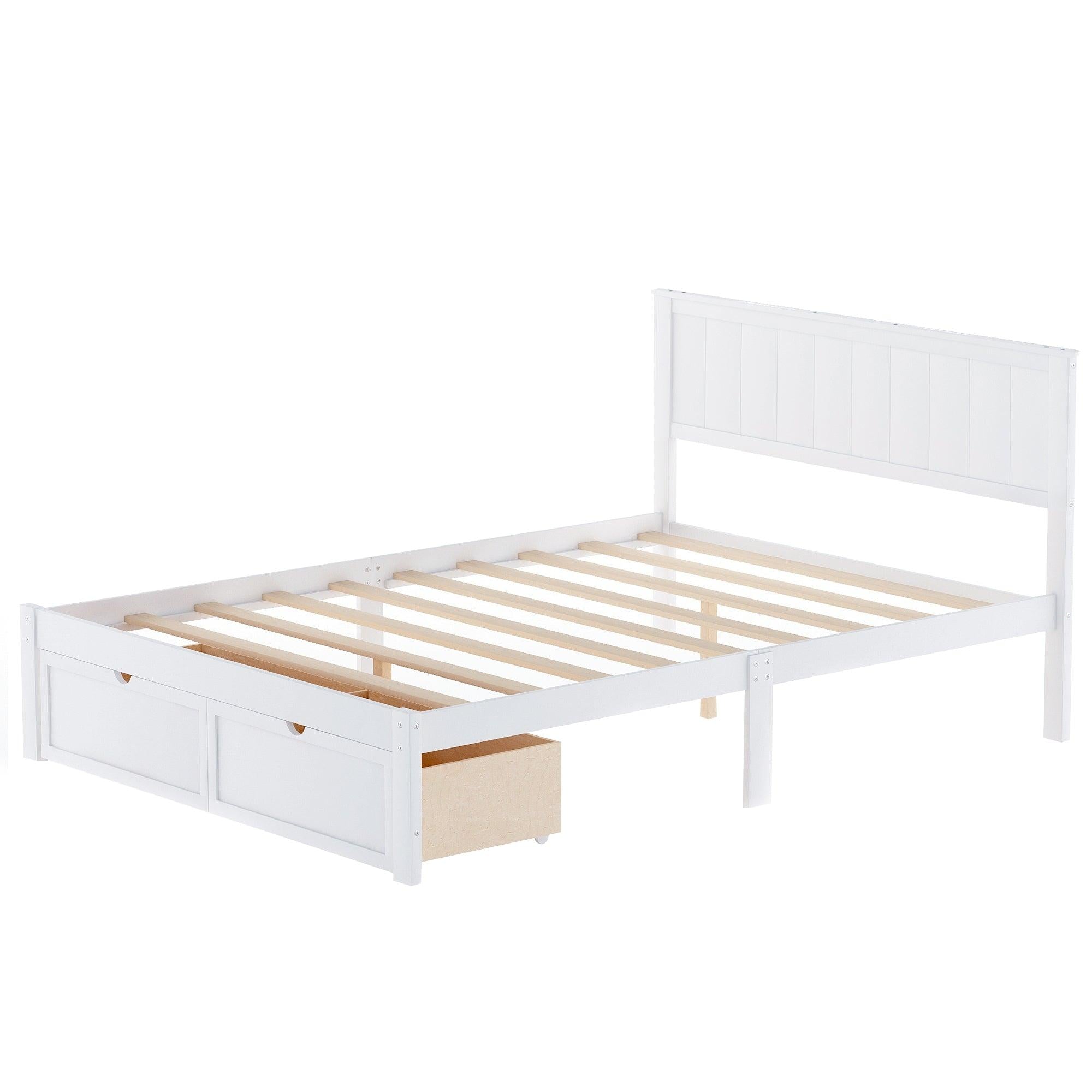 Full Size Platform Bed with Under-bed Drawers, White