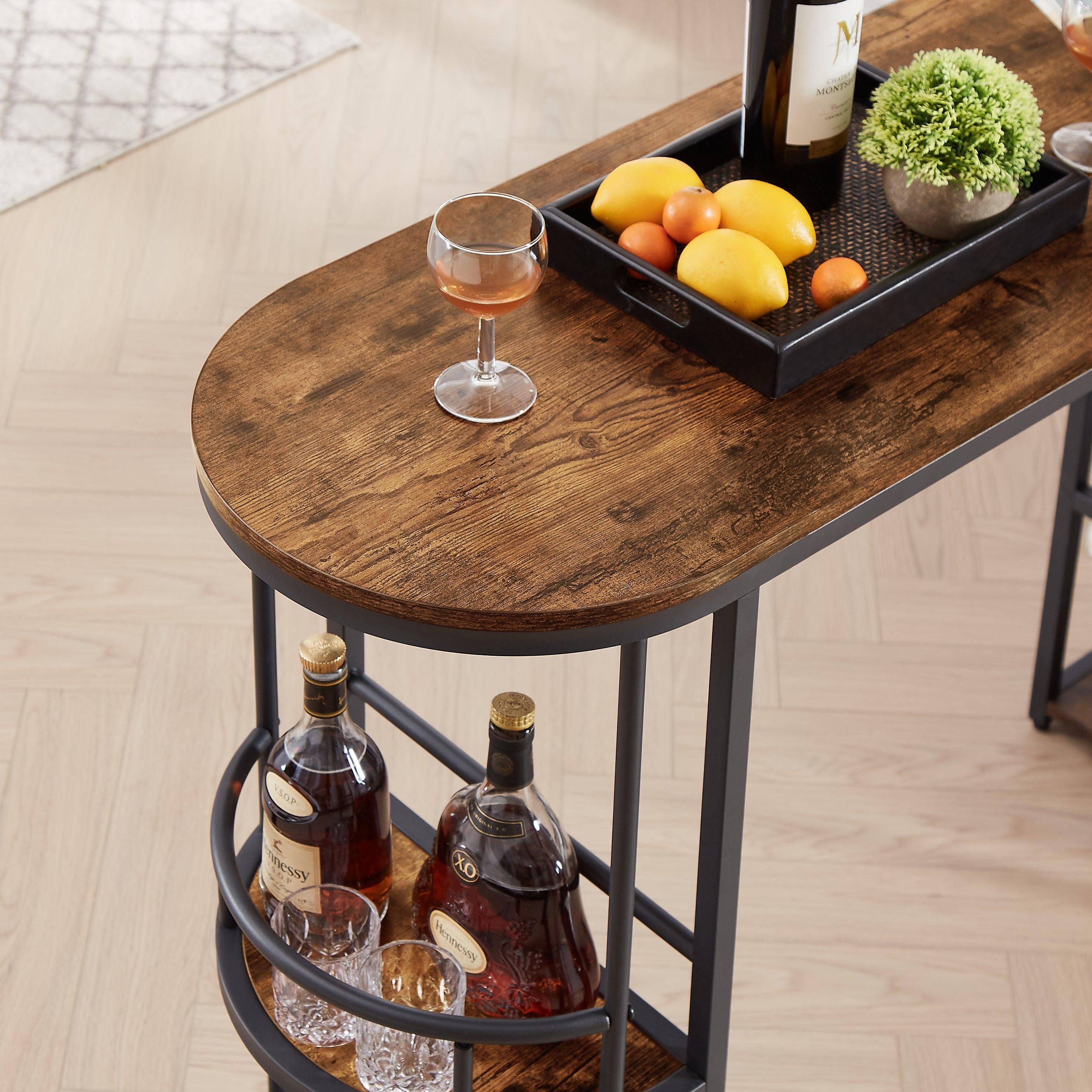 Bar table with bottle holder and glass holder, multifunctional high bar table, can hold 8 bottles of wine and 9 glasses, with sideStorage.(Rustic Brown,53.3’’w x 15.75’’d x 36.4’’h)