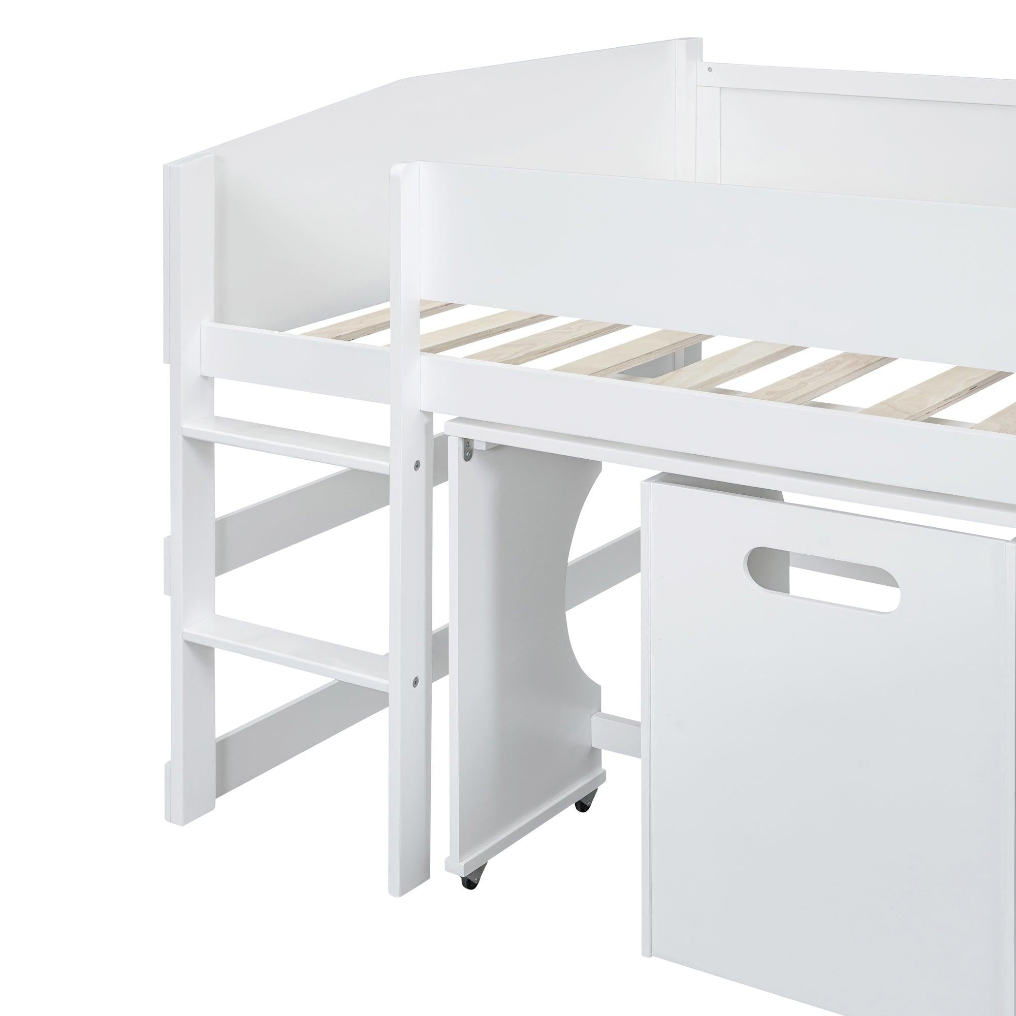 Low Study Full Loft Bed with Rolling Portable Desk and Chair,Multiple Functions Bed- White