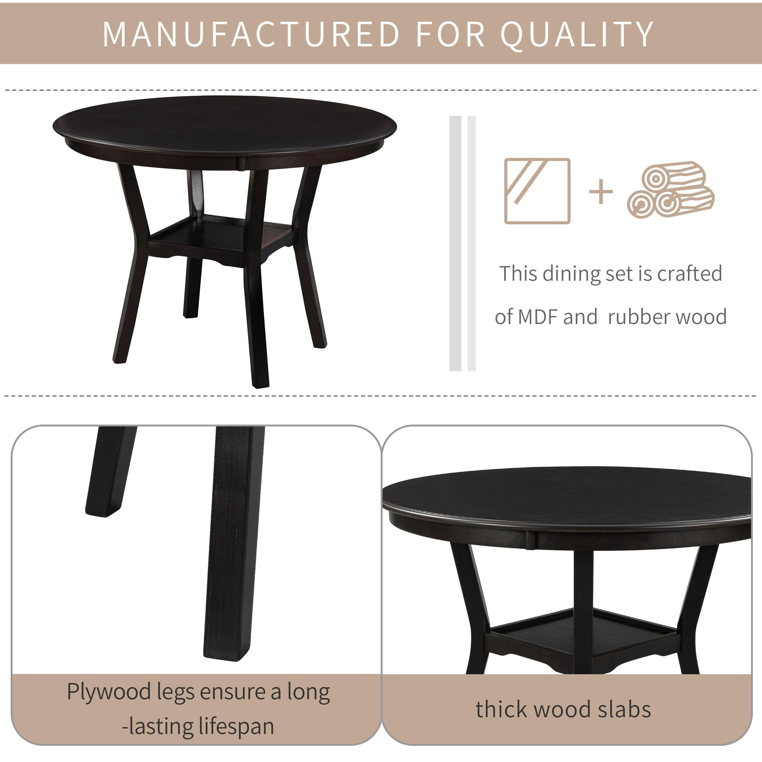 5-Piece Kitchen Dining Table Set Round Table with Bottom Shelf, 4 Upholstered Chairs for Dining Room（Espresso）