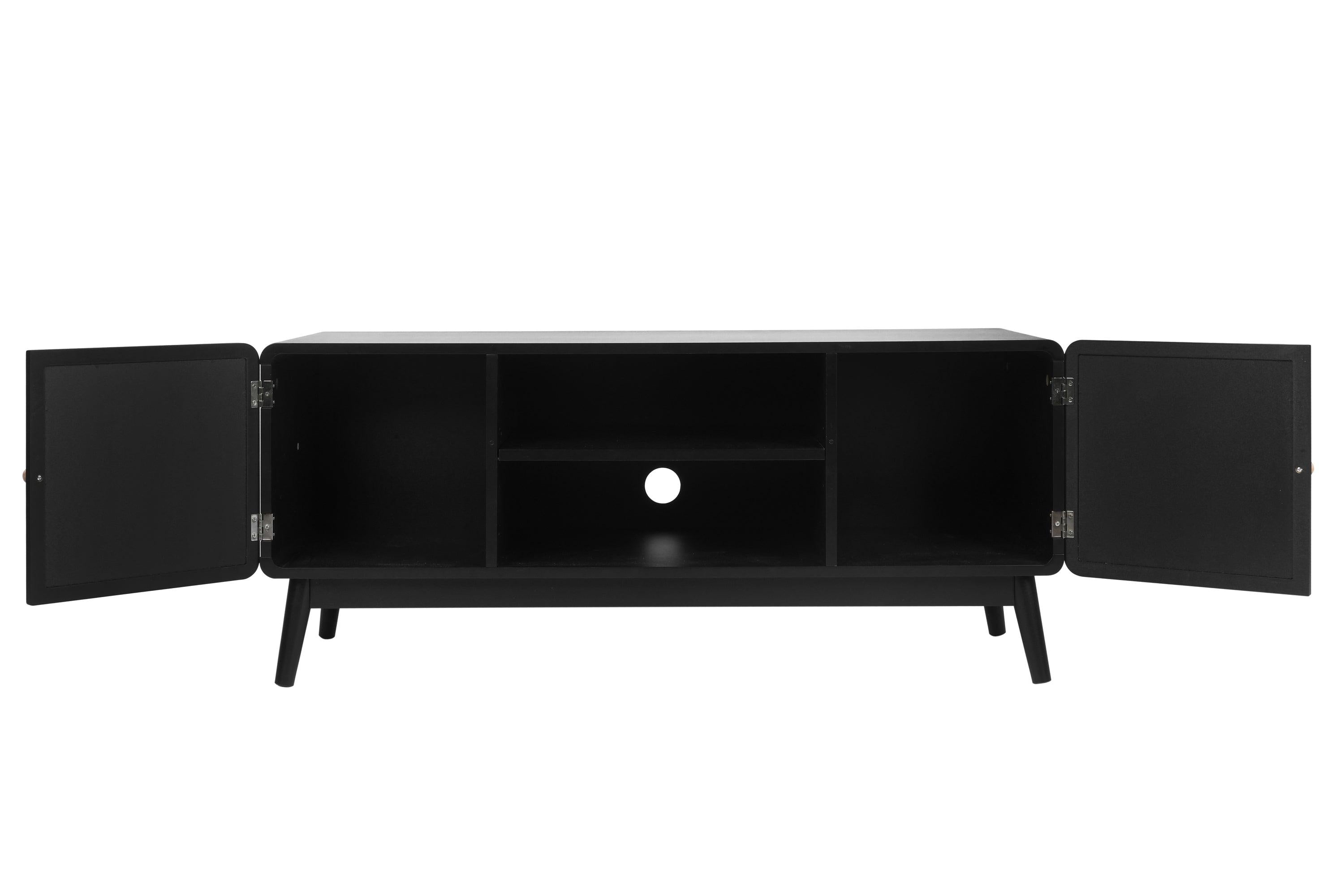 Black TV Console with Rattan Door, Boho TV Stand for Bedroom, Living Room