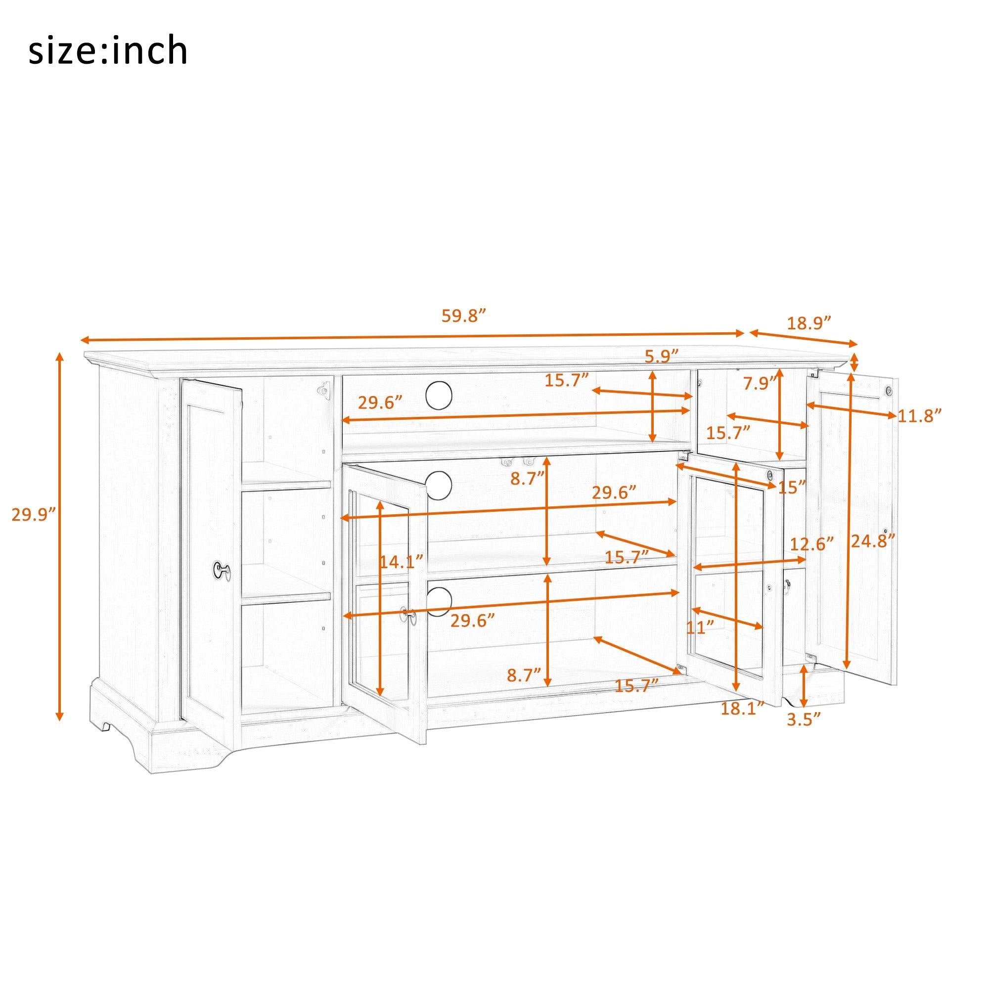 TV Stand for TV up to 65in with 2 Tempered Glass Doors Adjustable Panels Open Style Cabinet, Sideboard for Living room, White