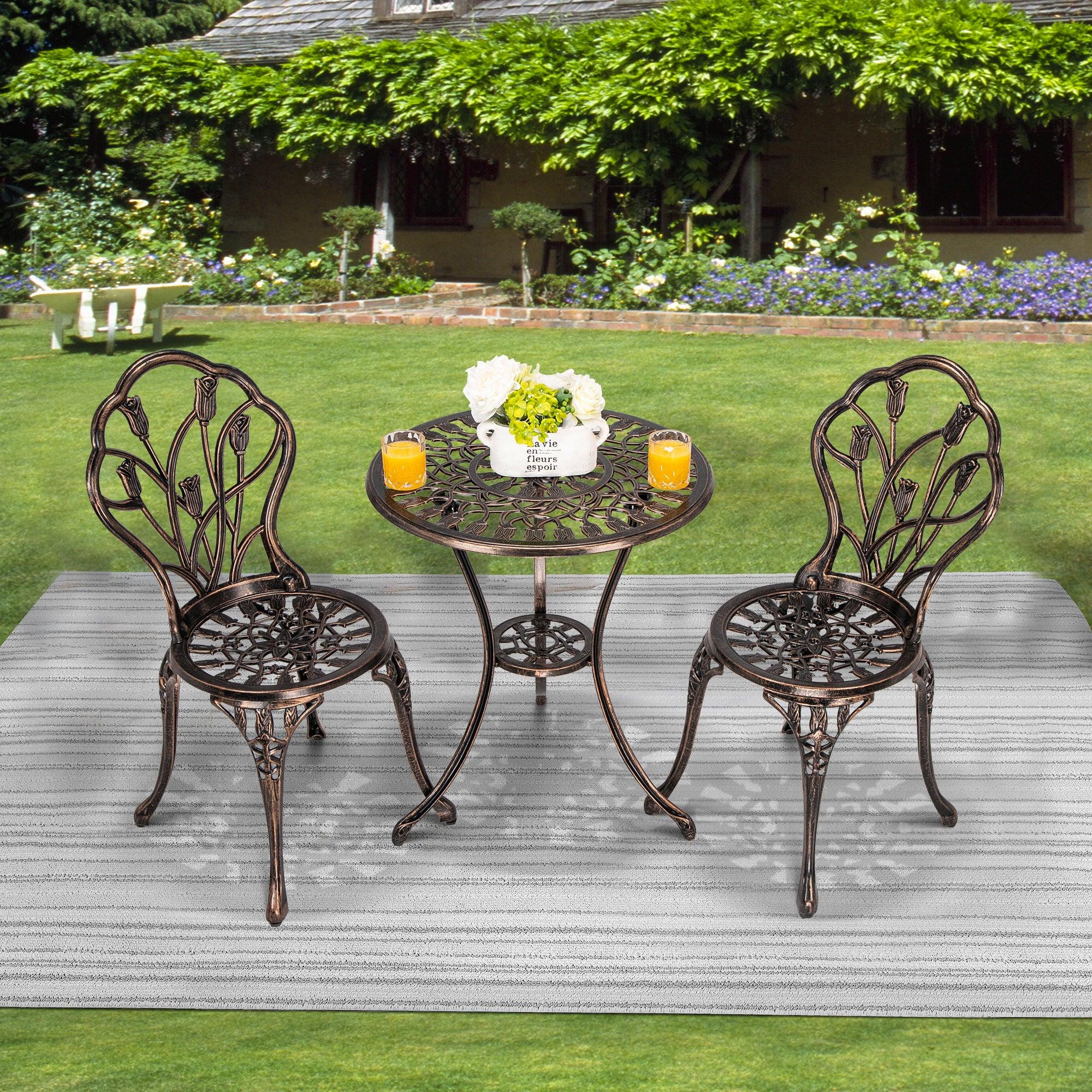 Bistro Table Set, Outdoor Patio Set 3 Piece Table and Chairs, Tulip Carving and Weather Resistant-Antique Bronze