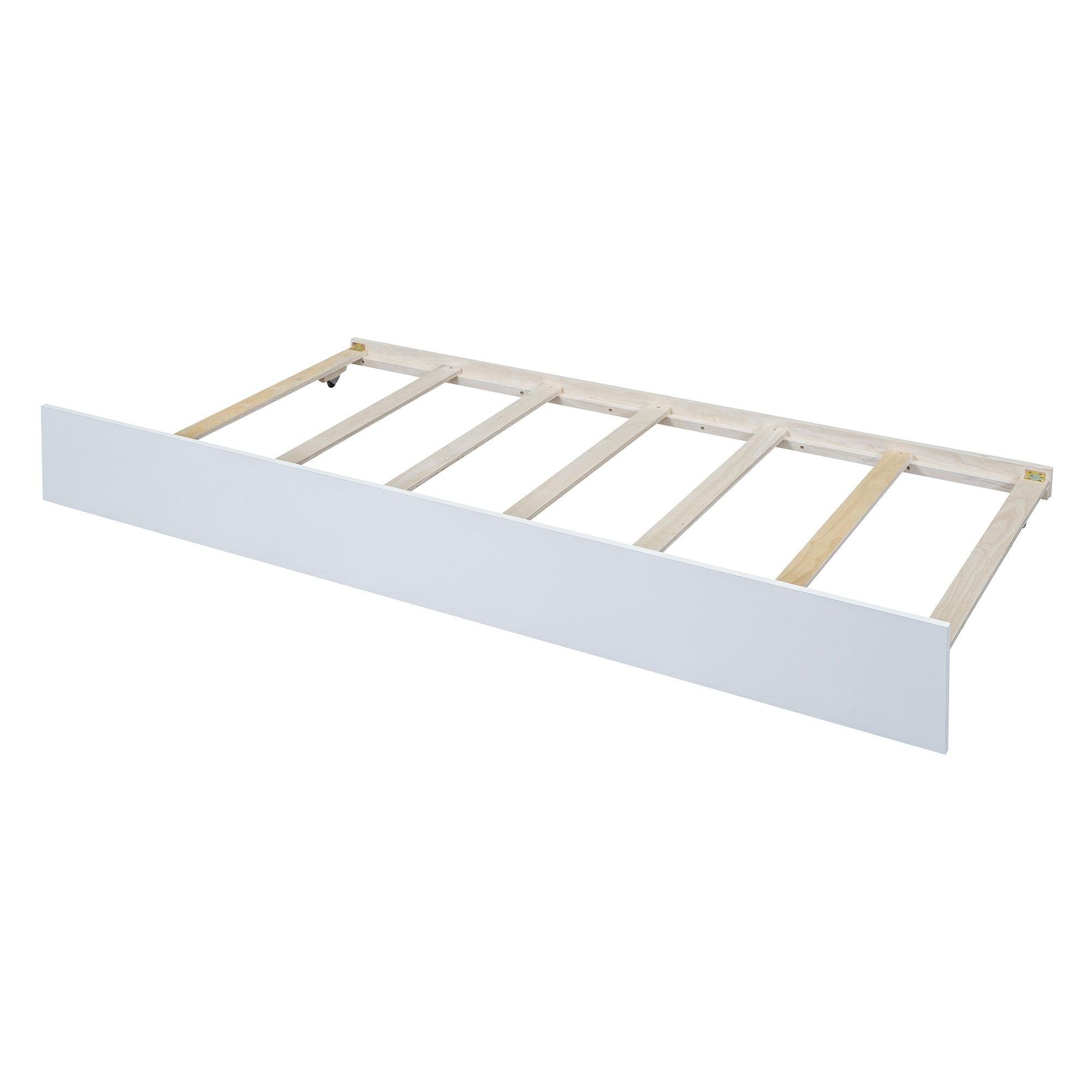 Twin Size Wood Daybed with Trundle and Fence Guardrails, White