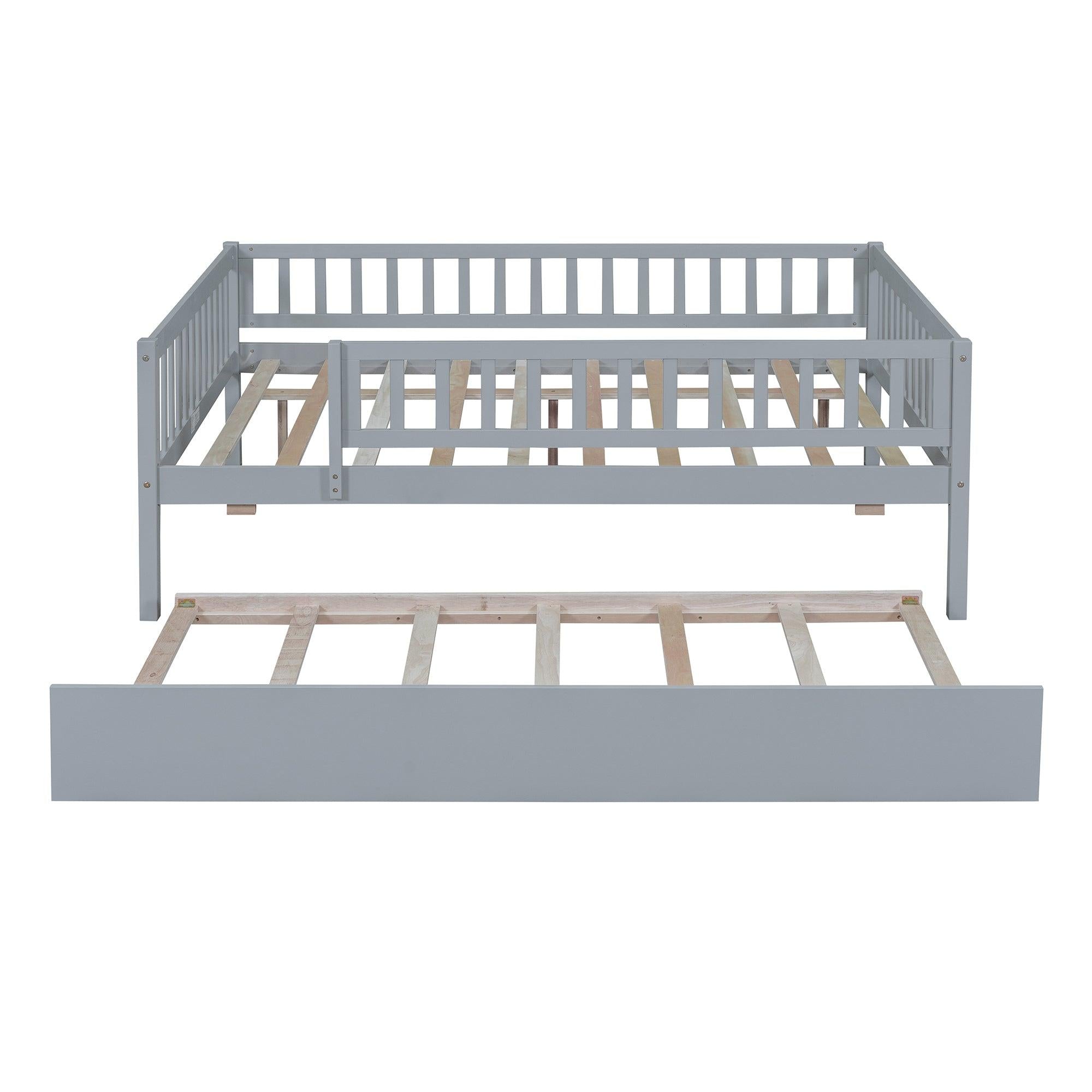 Full Size Wood Daybed with Trundle and Fence Guardrails, Gray