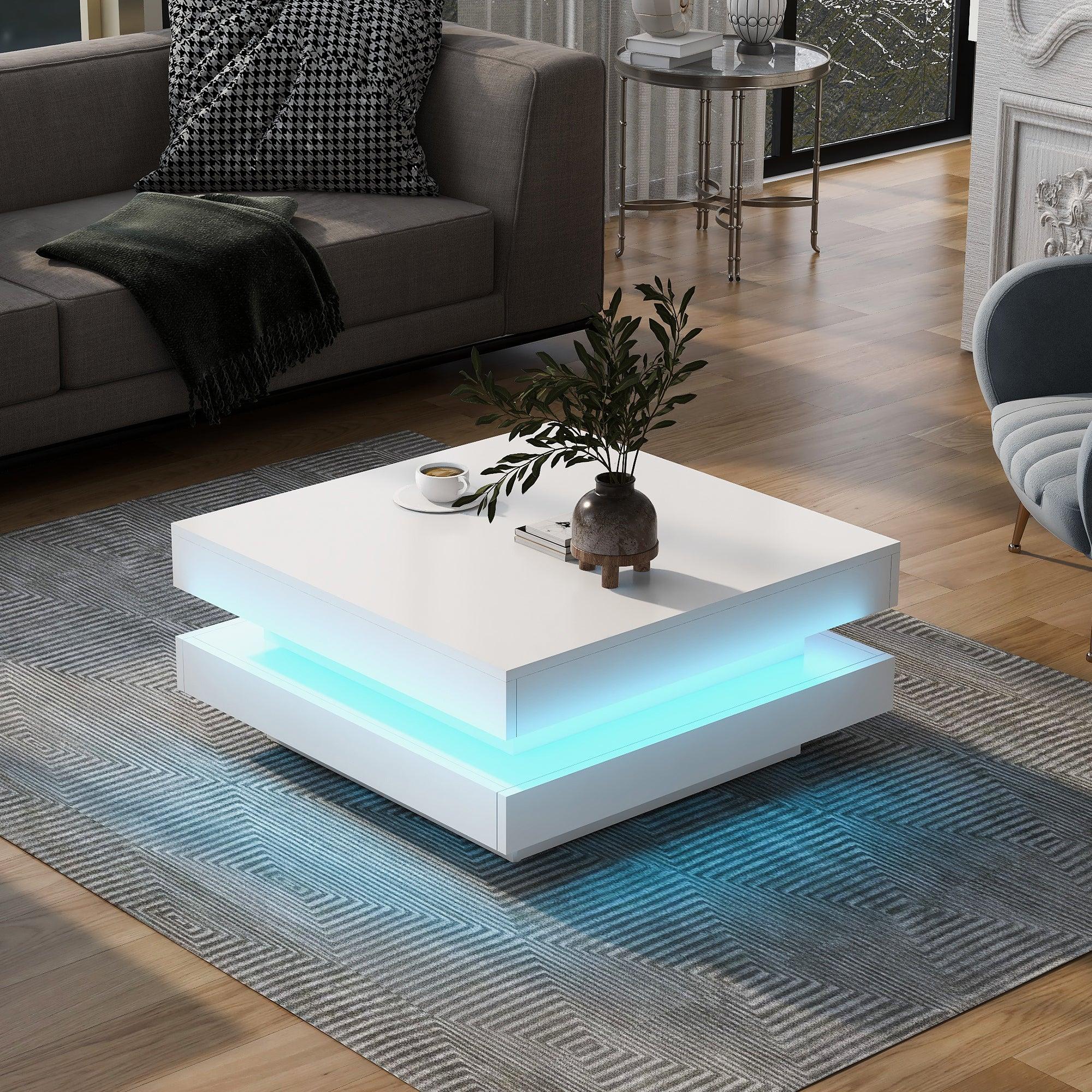 High Gloss Minimalist Design with plug-in 16-color LED Lights, 2-Tier Square Coffee Table, Center Table for Living Room, 31.5”x31.5”x14.2”, White