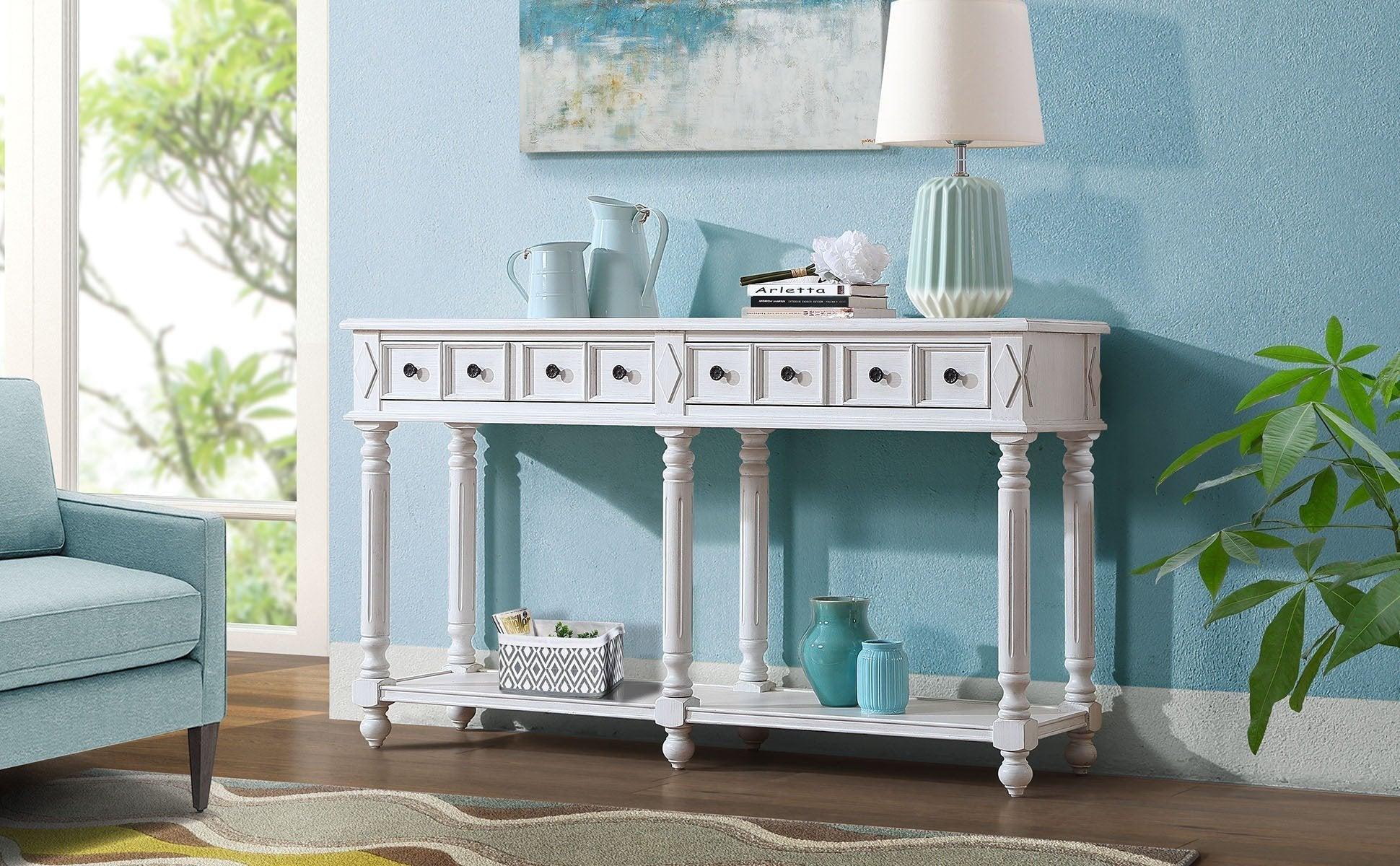 Retro Console Table Entryway Table 58" Long Sofa Table with 2 Drawers in Same Size and Bottom Shelf forStorage (Antique White)