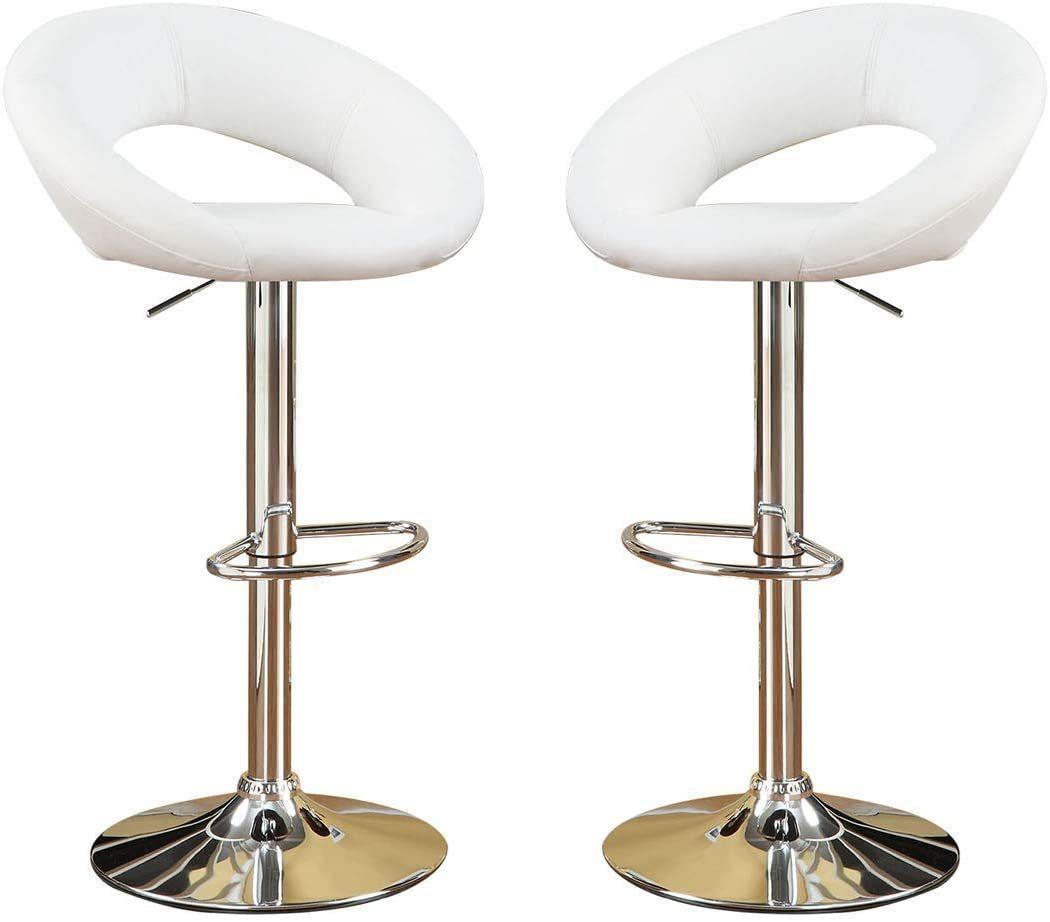 White Faux Leather Stool Adjustable Height Chairs Set of 2 Chair Swivel Design Chrome Base PVC Dining Furniture