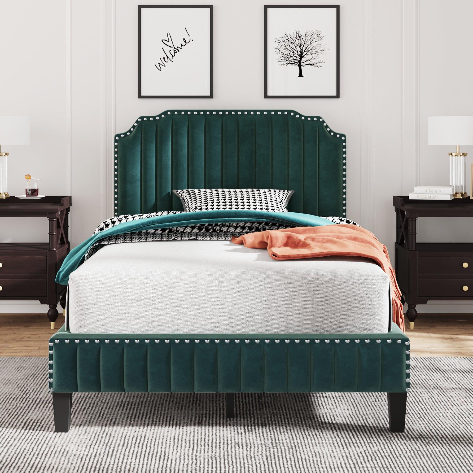 Modern Velvet Curved Upholstered Platform Bed , Solid Wood Frame , Nailhead Trim, Green (Full)