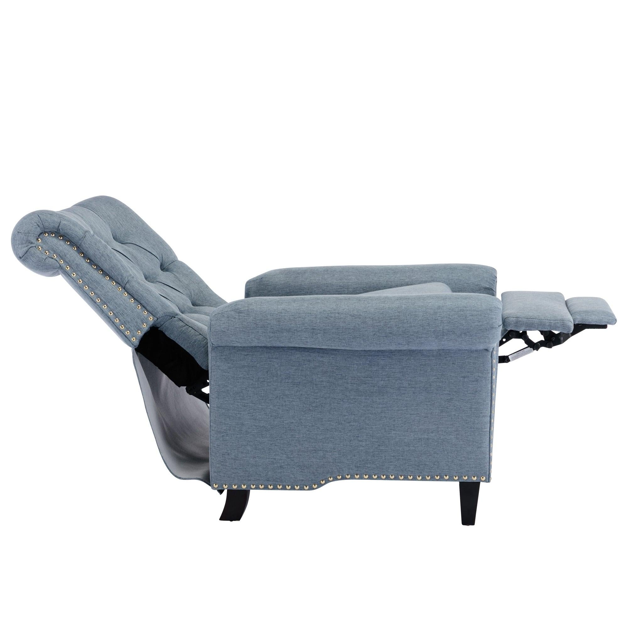 Pushback Linen Tufted Recliner Single Sofa with Nailheads Roll Arm for Living Room, Bedroom, Office, Blue