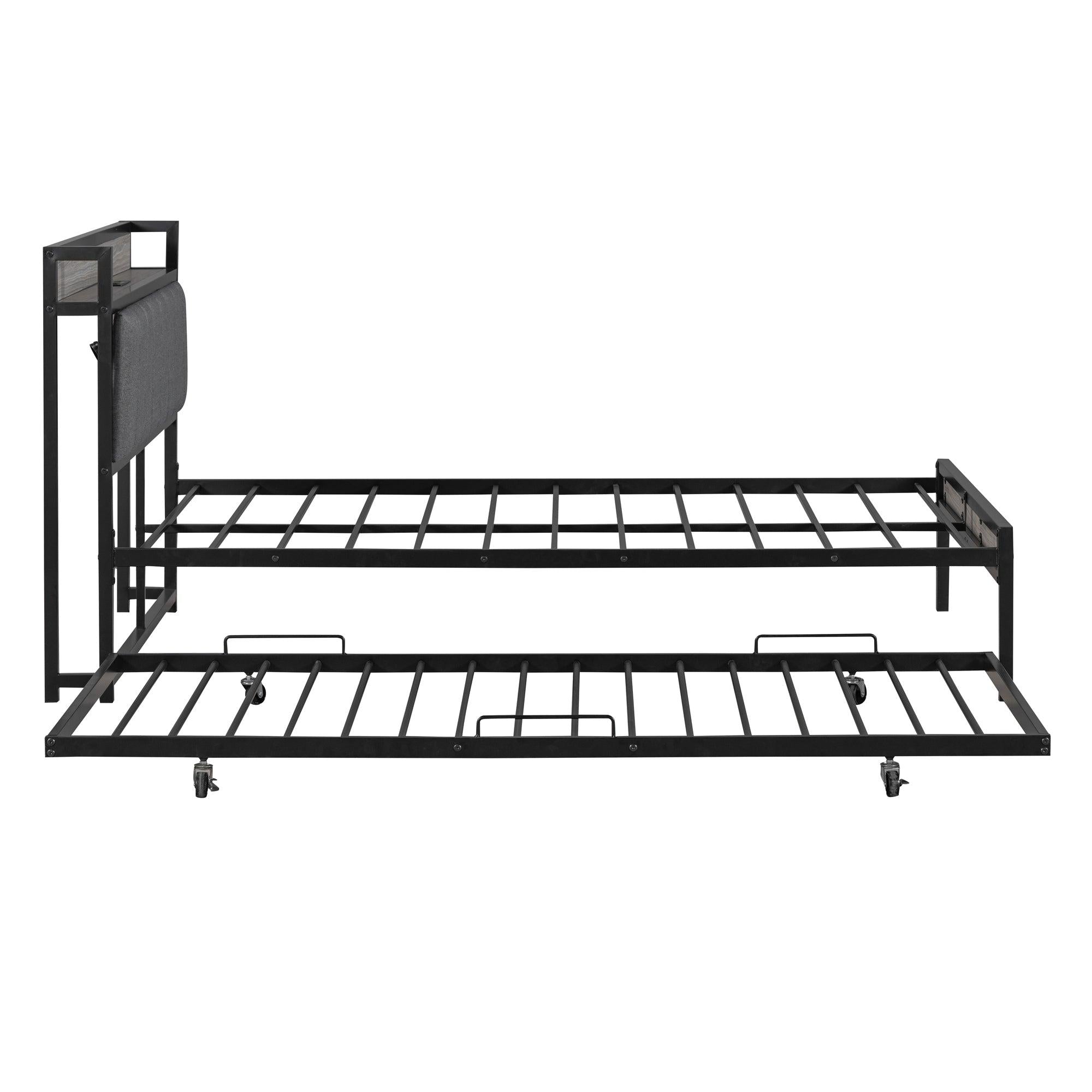 Full Size Metal Platform Bed Frame with Twin size trundle, Upholstered headboard ，Sockets, USB Ports and Slat Support ,No Box Spring Needed，Black