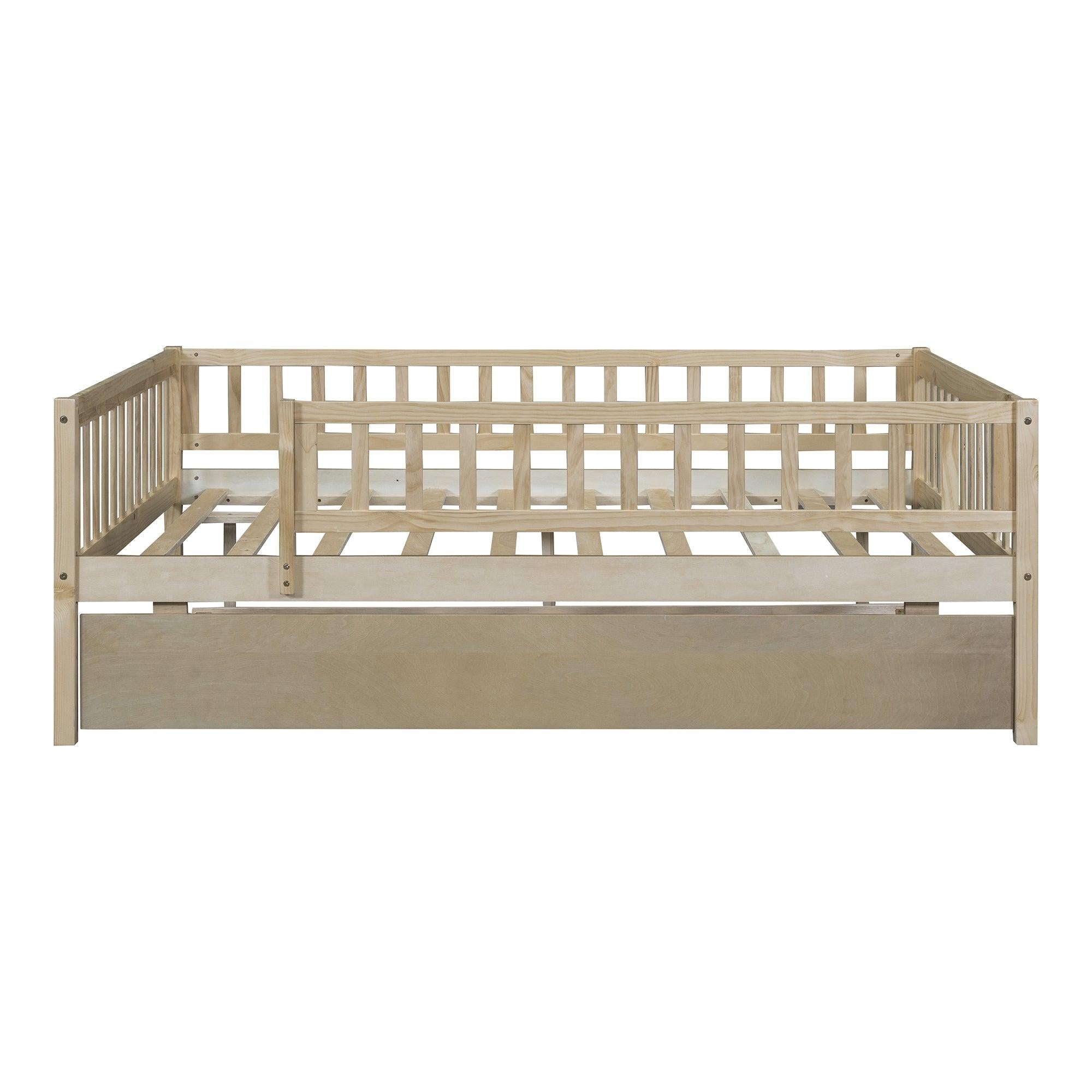 Full Size Wood Daybed with Trundle and Fence Guardrails, Natural