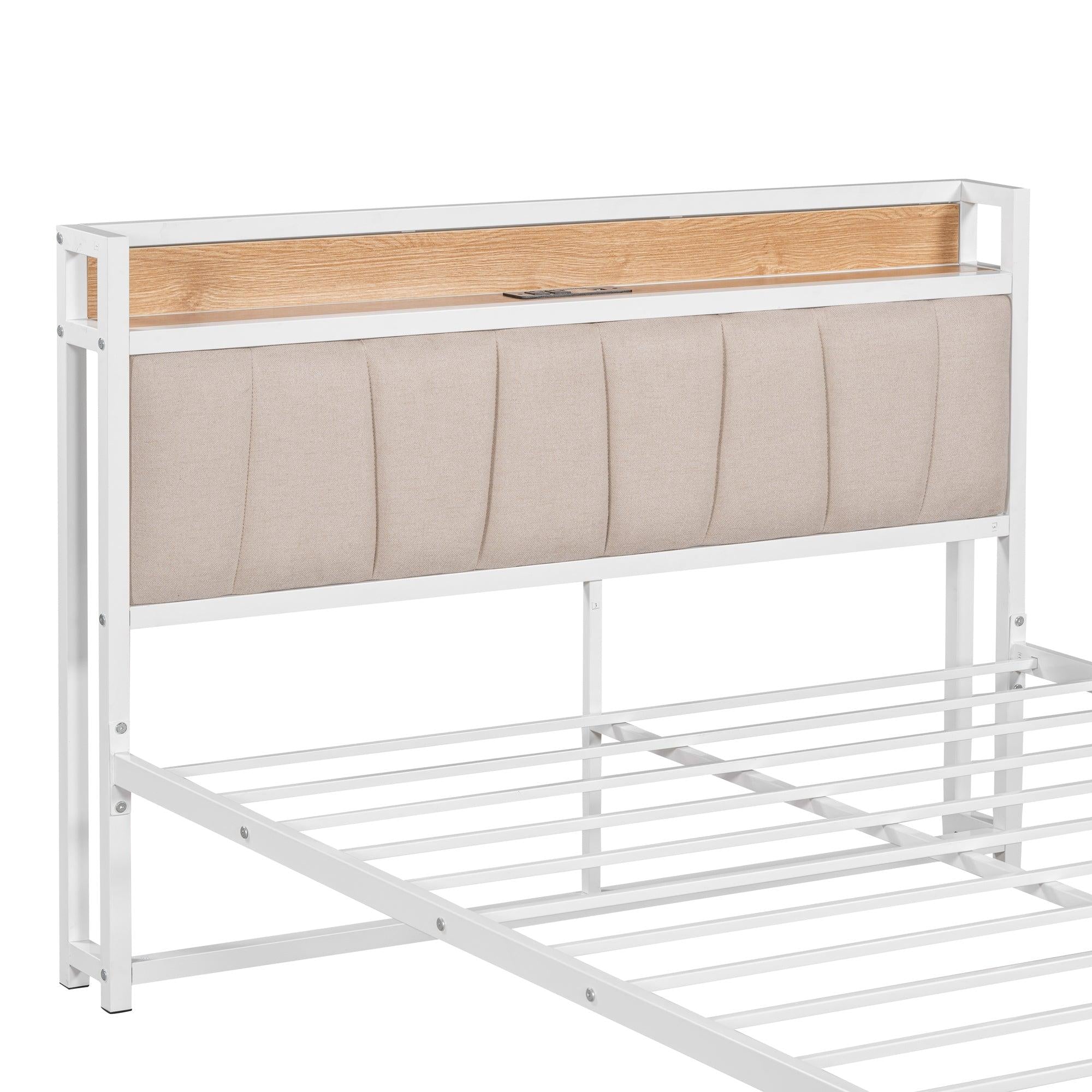 Full Size Metal Platform Bed Frame with 2 drawers, Upholstered headboard ，Sockets, USB Ports and Slat Support ,No Box Spring Needed，White