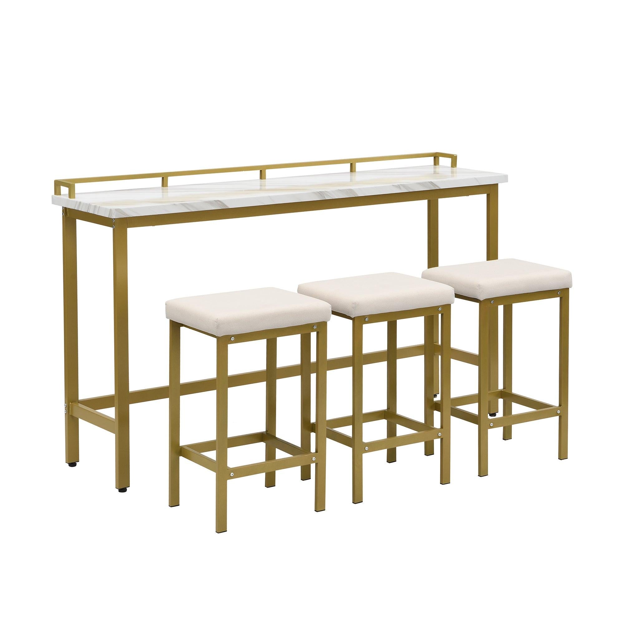 Modern 4-Piece Counter Height Extra Long Console Dining Table Set Bar Kitchen Set with 3 Fabric Stools, ld+Beige