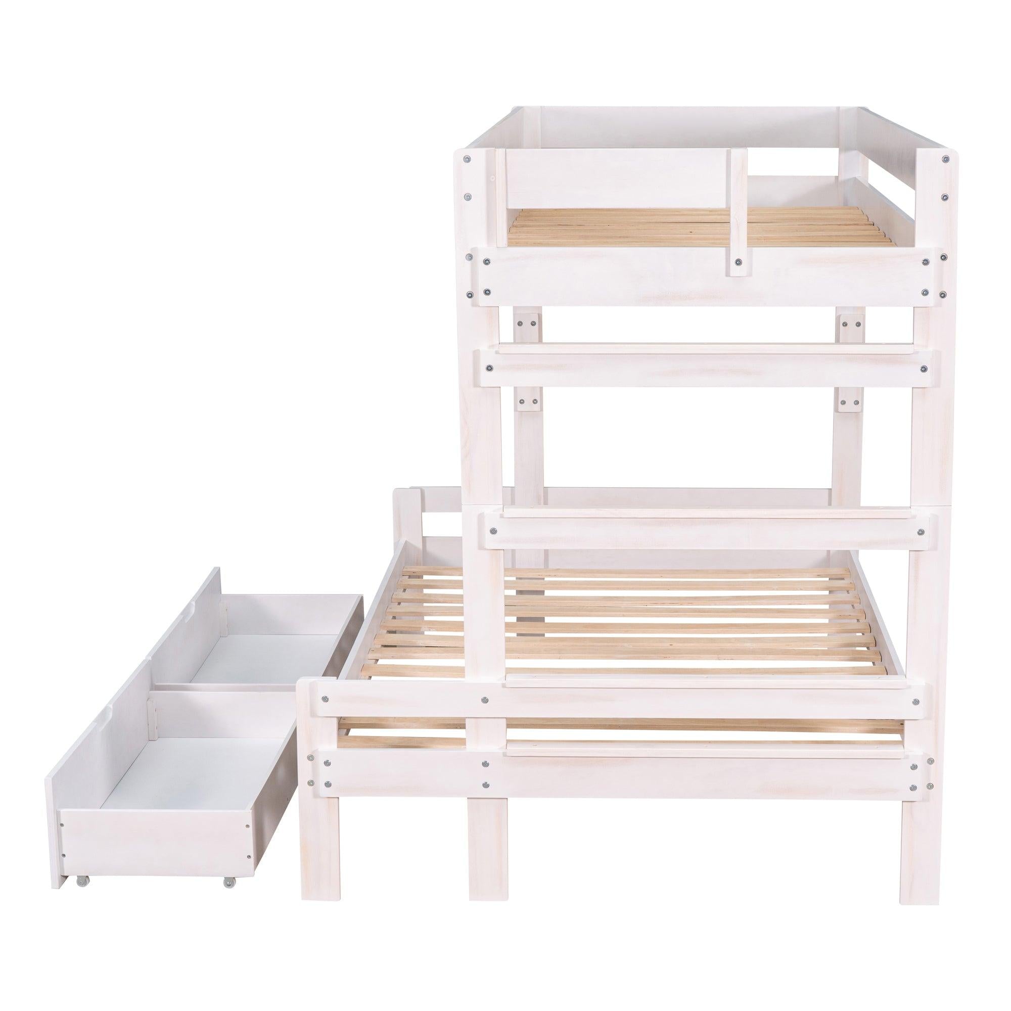 Twin over Full Wood Bunk Bed with 2 Drawers, White