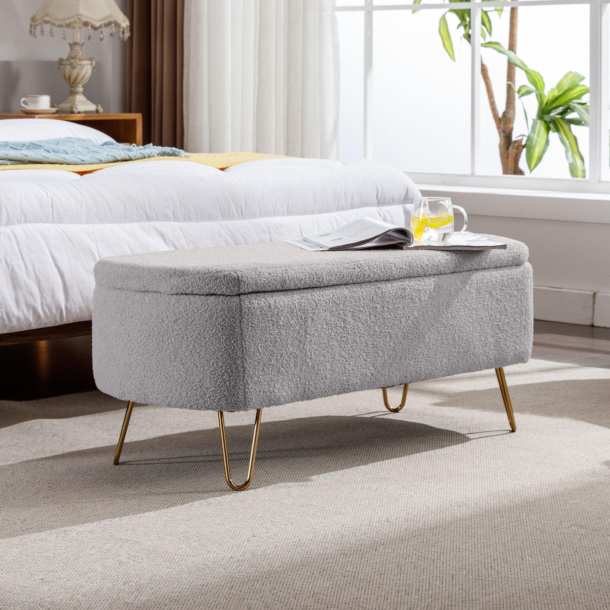 GreyStorage Ottoman Bench for End of Bed Gold Legs,Modern Grey Faux Fur Entryway Bench Upholstered Padded withStorage for Living Room Bedroom