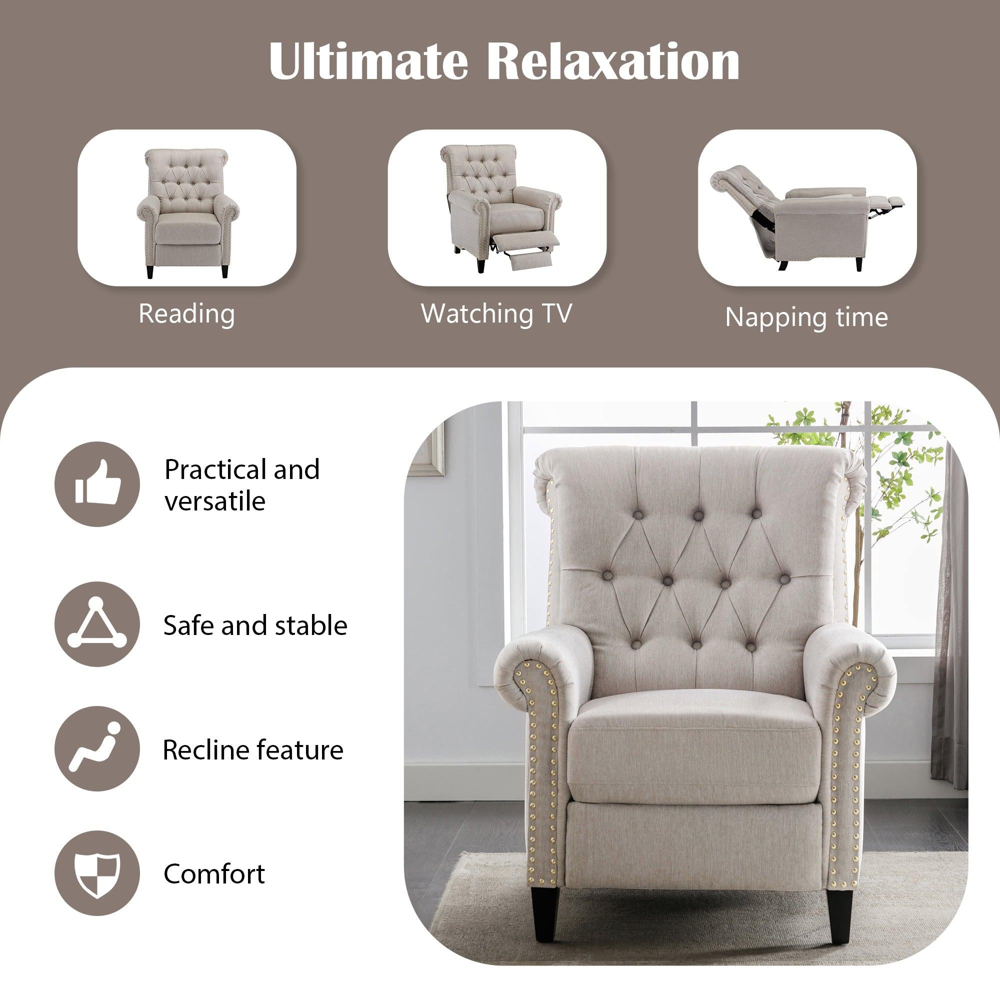 Pushback Linen Tufted Recliner Single Sofa with Nailheads Roll Arm for Living Room, Bedroom, Office, Tan