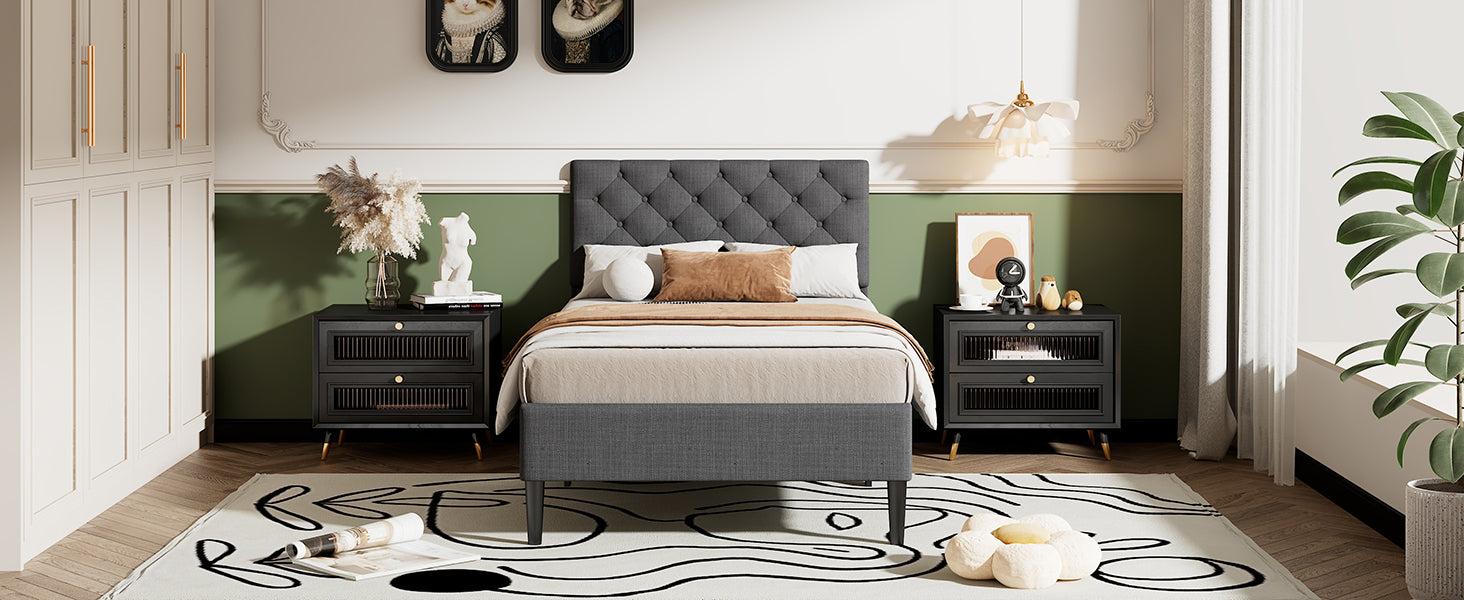 Upholstered Linen Platform Bed, Twin Size, Gray