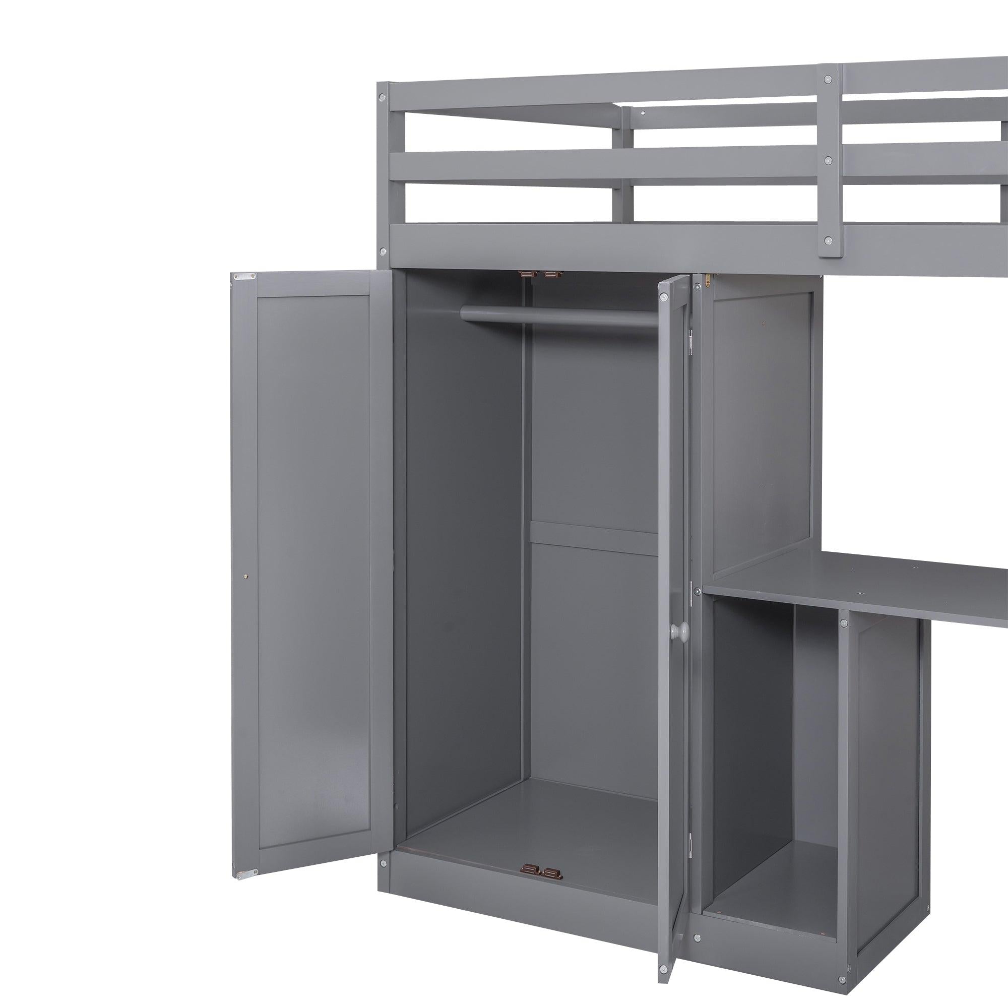 Twin Size Loft Bed with Wardrobe and Staircase, Desk andStorage Drawers and Cabinet in 1,Gray