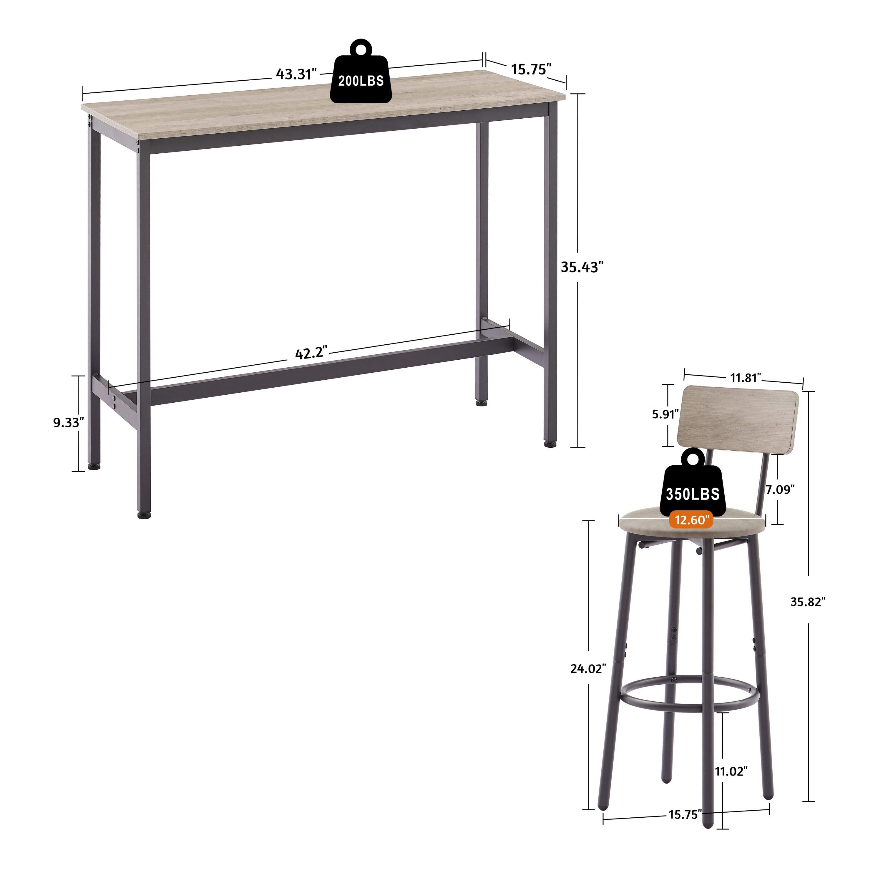 Bar Table Set with 2 Bar stools PU Soft seat with backrest (Grey,43.31’’L*15.75’’W*35.43’H)