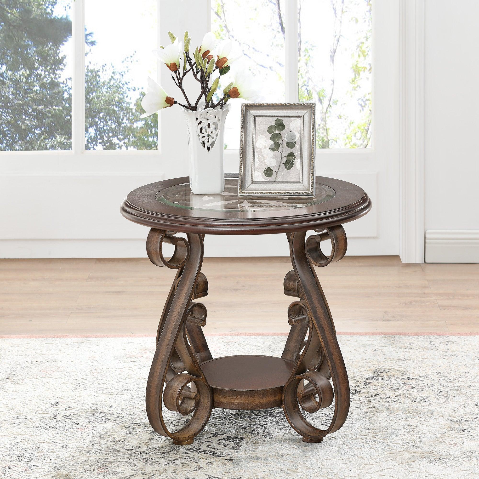 End Table with Glass Table Top and Powder Coat Finish Metal Legs，Dark Brown （25.5"X25.5"X23.5")