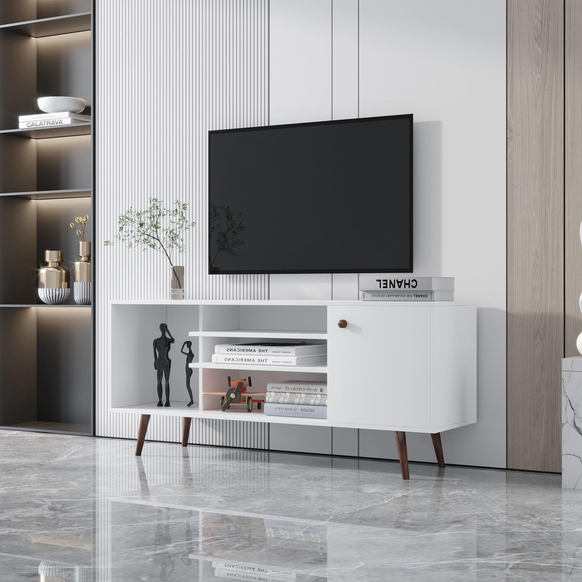 TV Stand Use in Living Room Furniture with 1Storage and 2 shelves Cabinet, high quality particle board,White