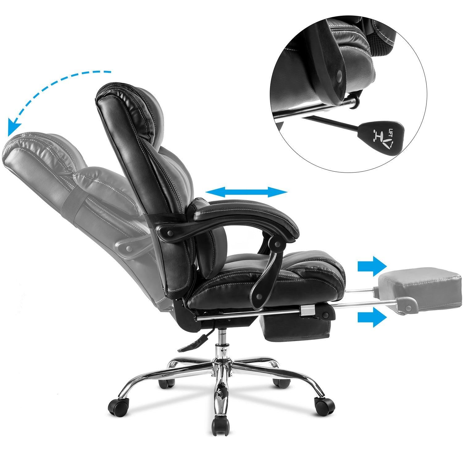 Office Chair - High Quality PU Leather/Double Padded/Support Cushion and Footrest