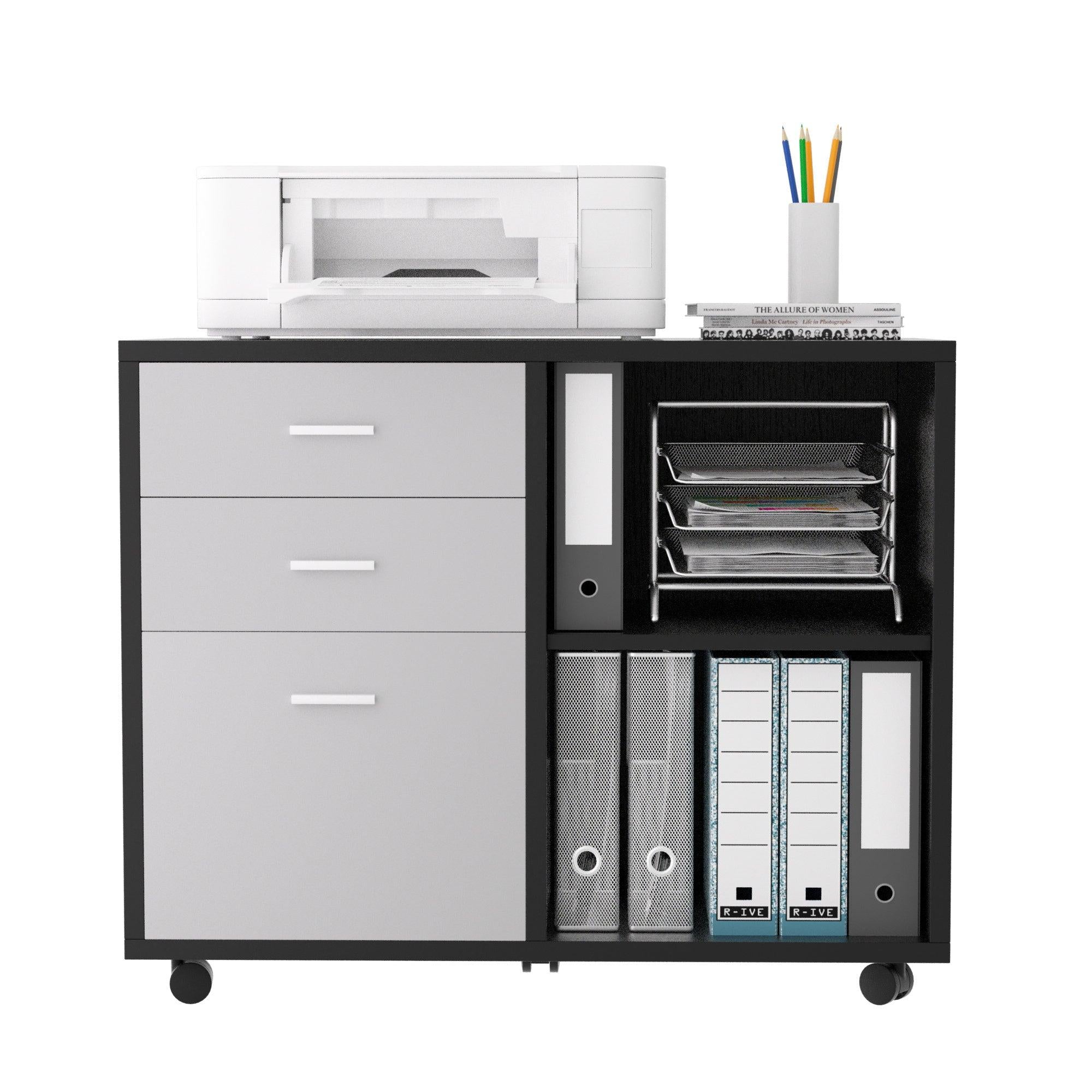 32'' Wide 3 -Drawer Mobile Lateral Filing Cabinet,Black oak and Grey File Cabinet with Printer Stand for Home Office