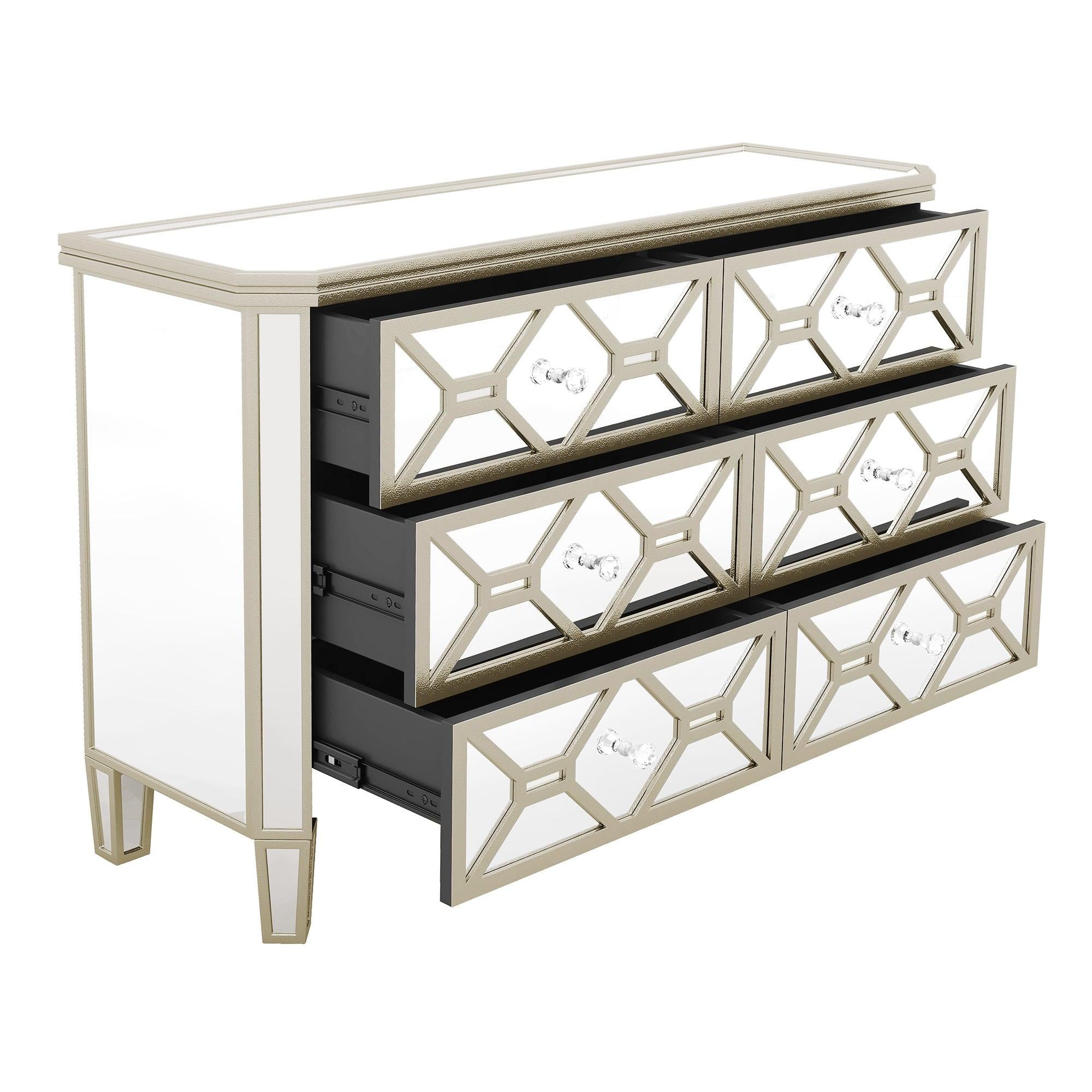 Elegant Mirrored 6-Drawer Dresser with Golden LinesStorage Cabinet for Living Room, Hallway, Entryway