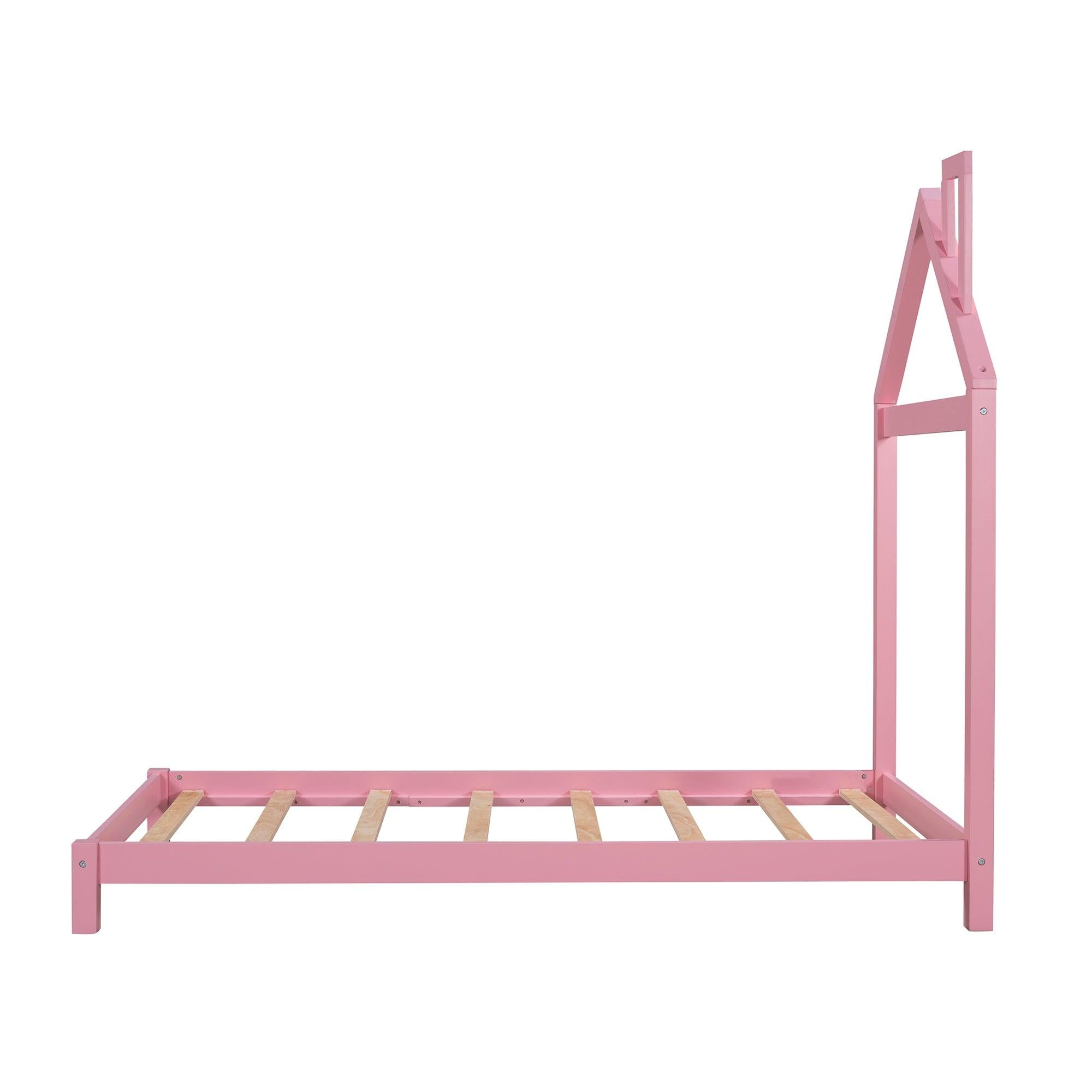 Twin Size Wood Platform Bed with House-shaped Headboard  (Pink)