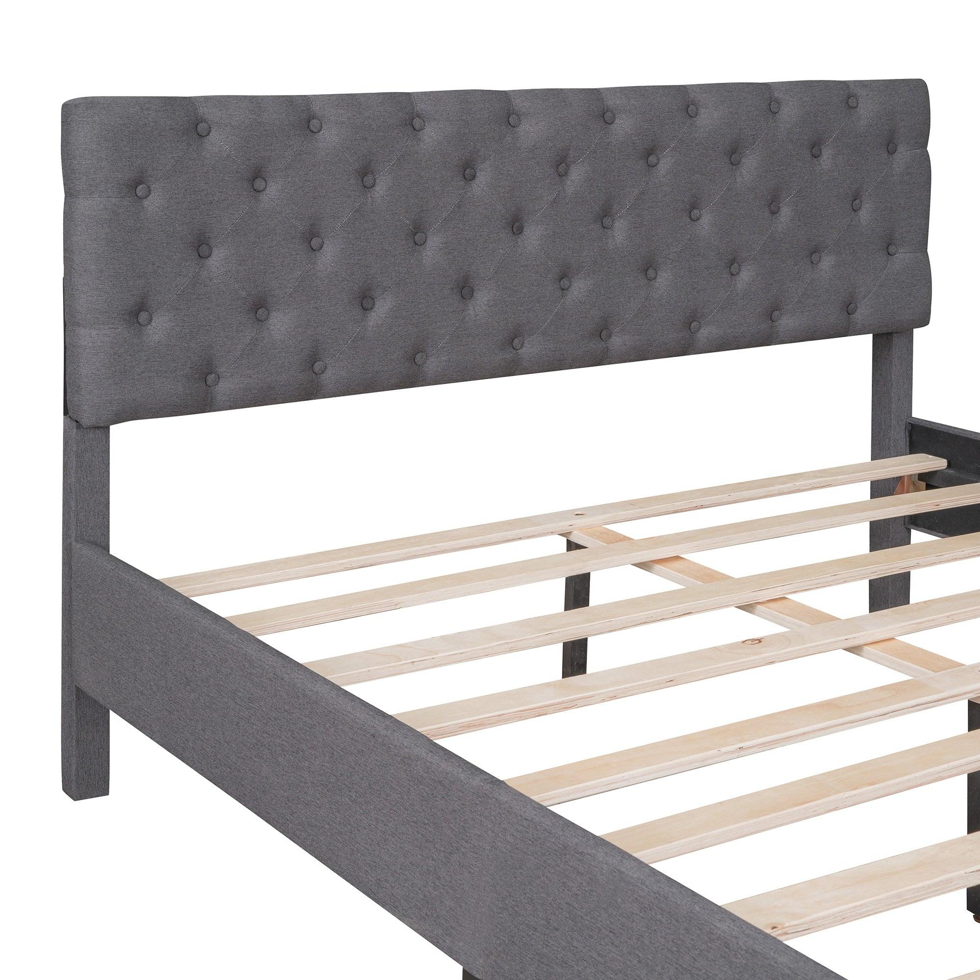 Upholstered Linen Platform Bed, Queen Size, Gray