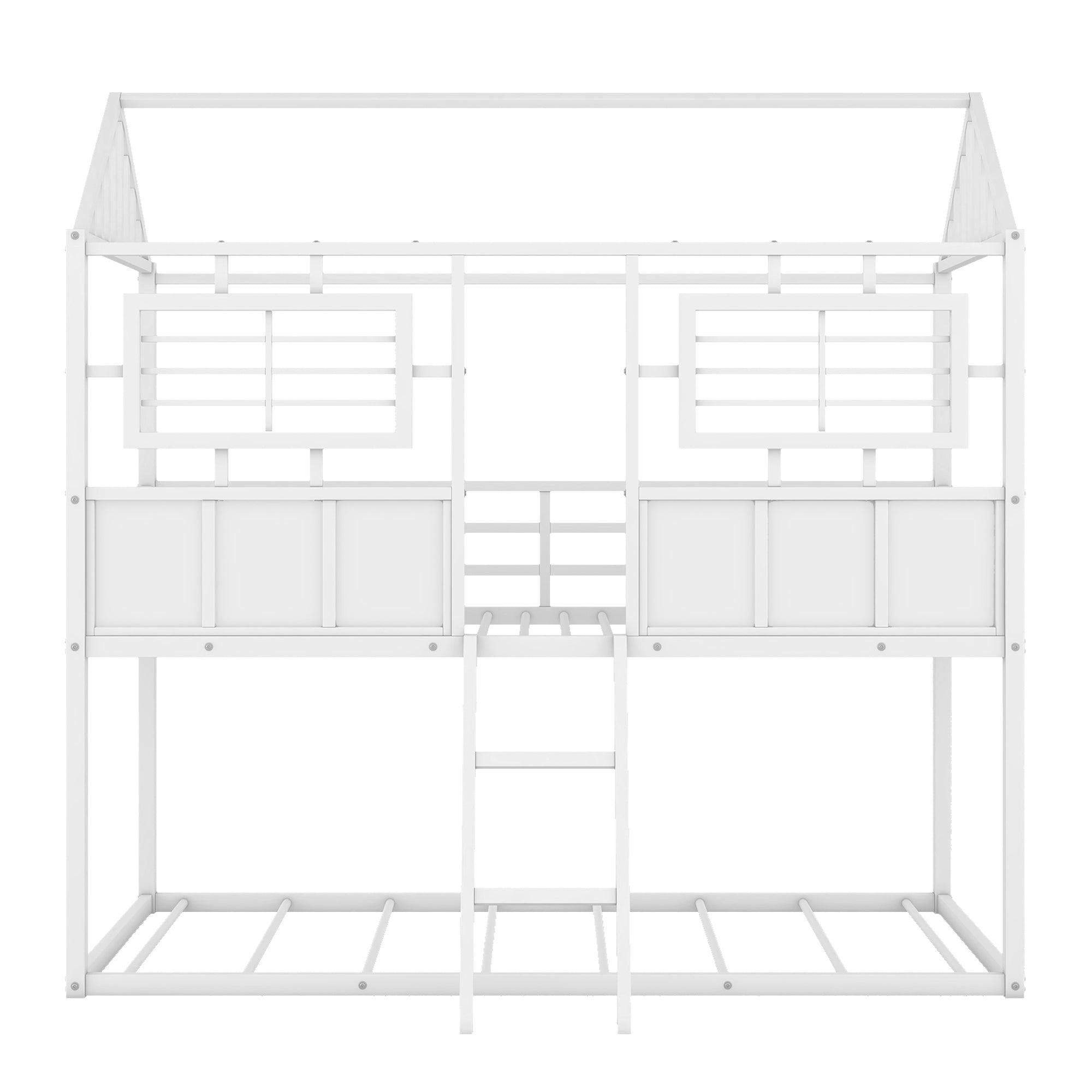 Twin over Twin Size Metal Low Bunk Beds with Roof and Fence-shaped Guardrail, White