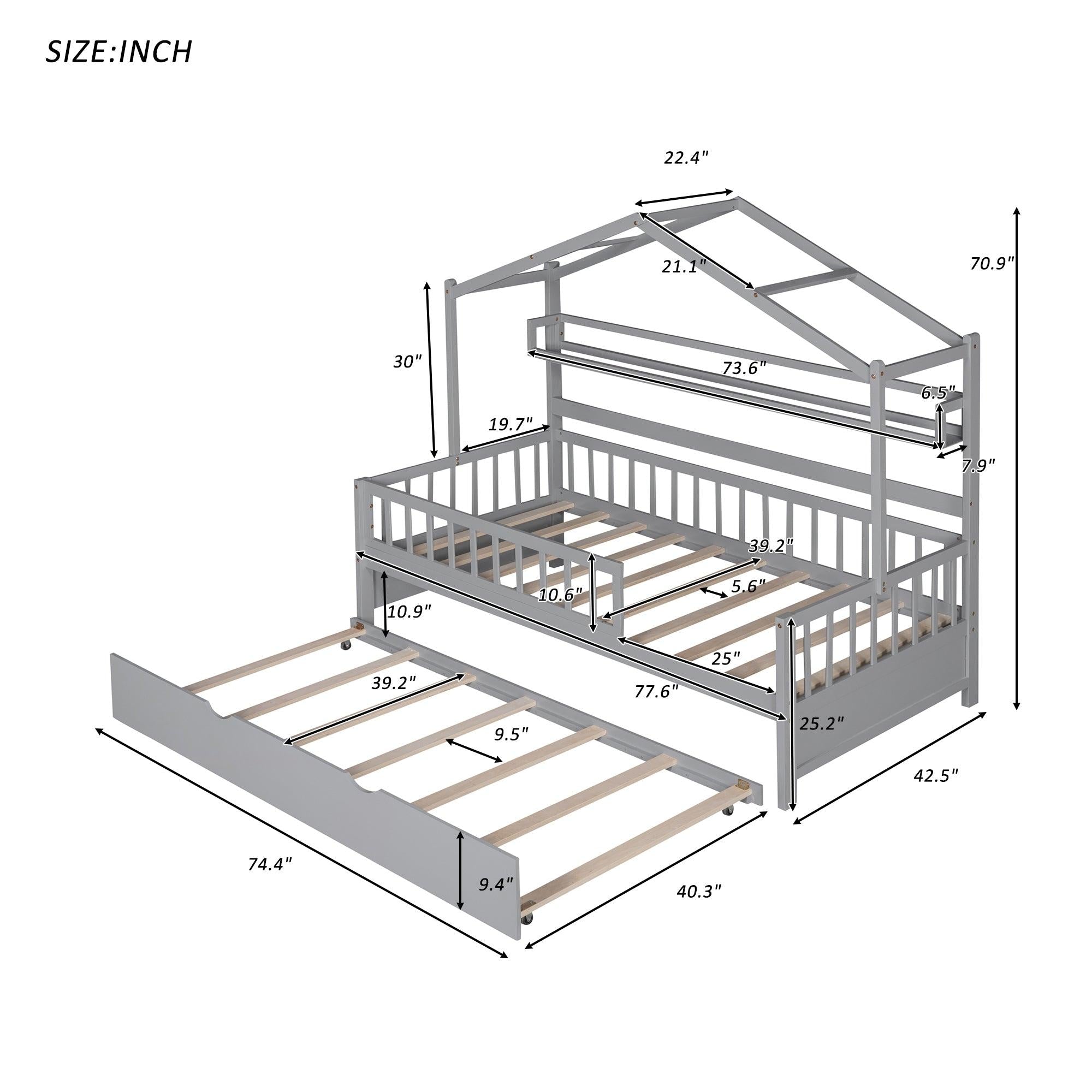 Wooden Twin Size House Bed with Trundle,Kids Bed with Shelf, Gray