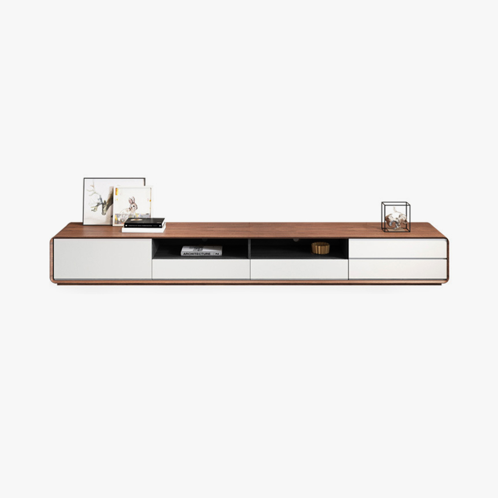 Modern Wood White TV Stand, Lowline Media Console with 4 Drawers, OpenStorage Cabinet,black dividers, Walnut Veneer, Fully-assembled,94"