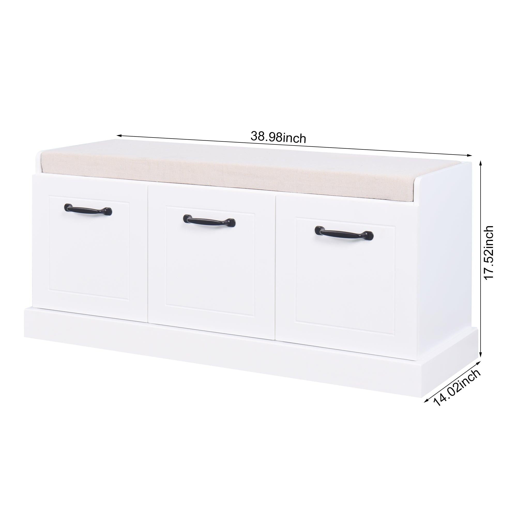 Wooden EntrywayShoe Cabinet Living RoomStorage Bench with White Cushion