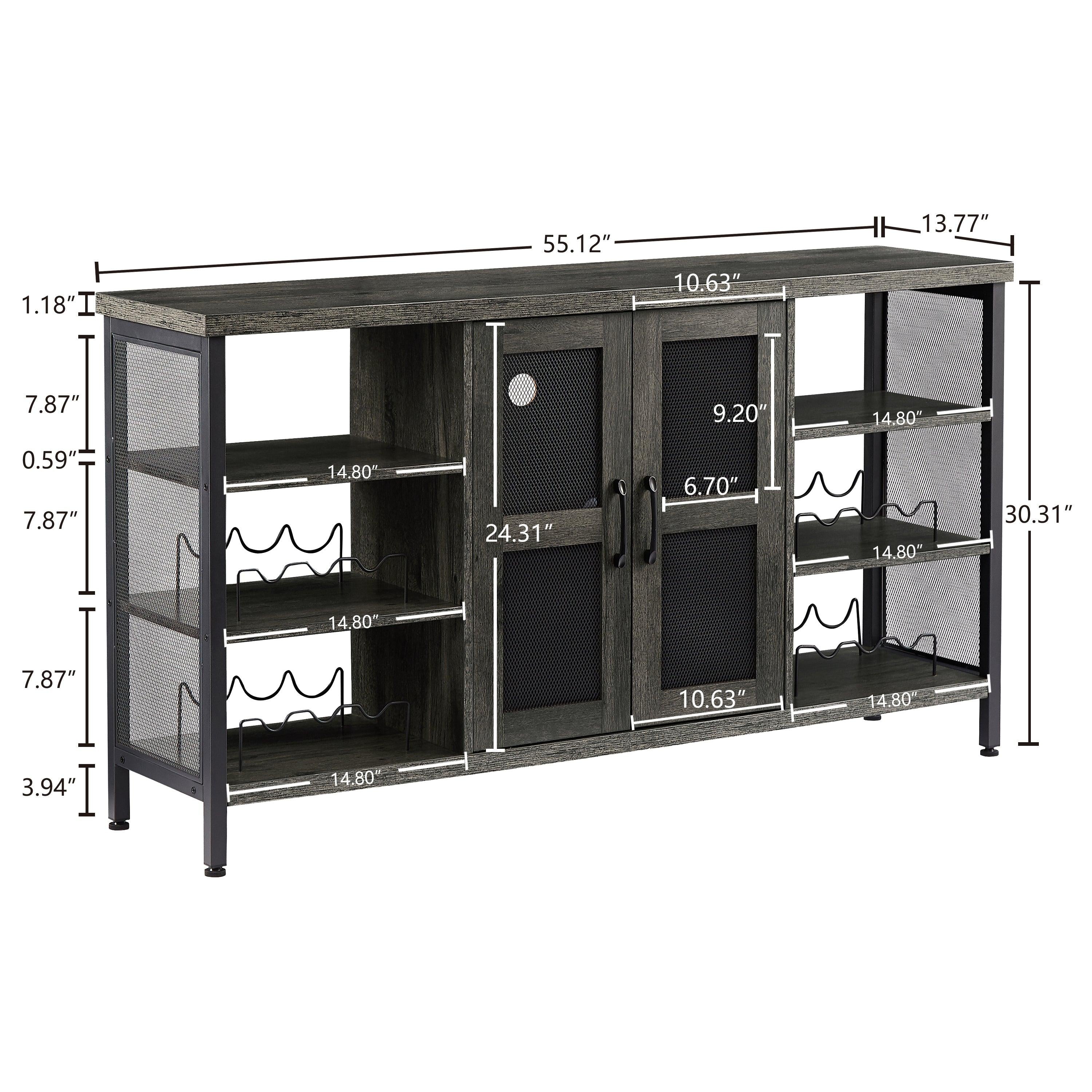 Industrial Wine Bar Cabinet, LiquorStorage Credenza, Sideboard with Wine Racks & Stemware Holder (Dark Grey, 55.12''w x 13.78''d x 30.31' ' h)