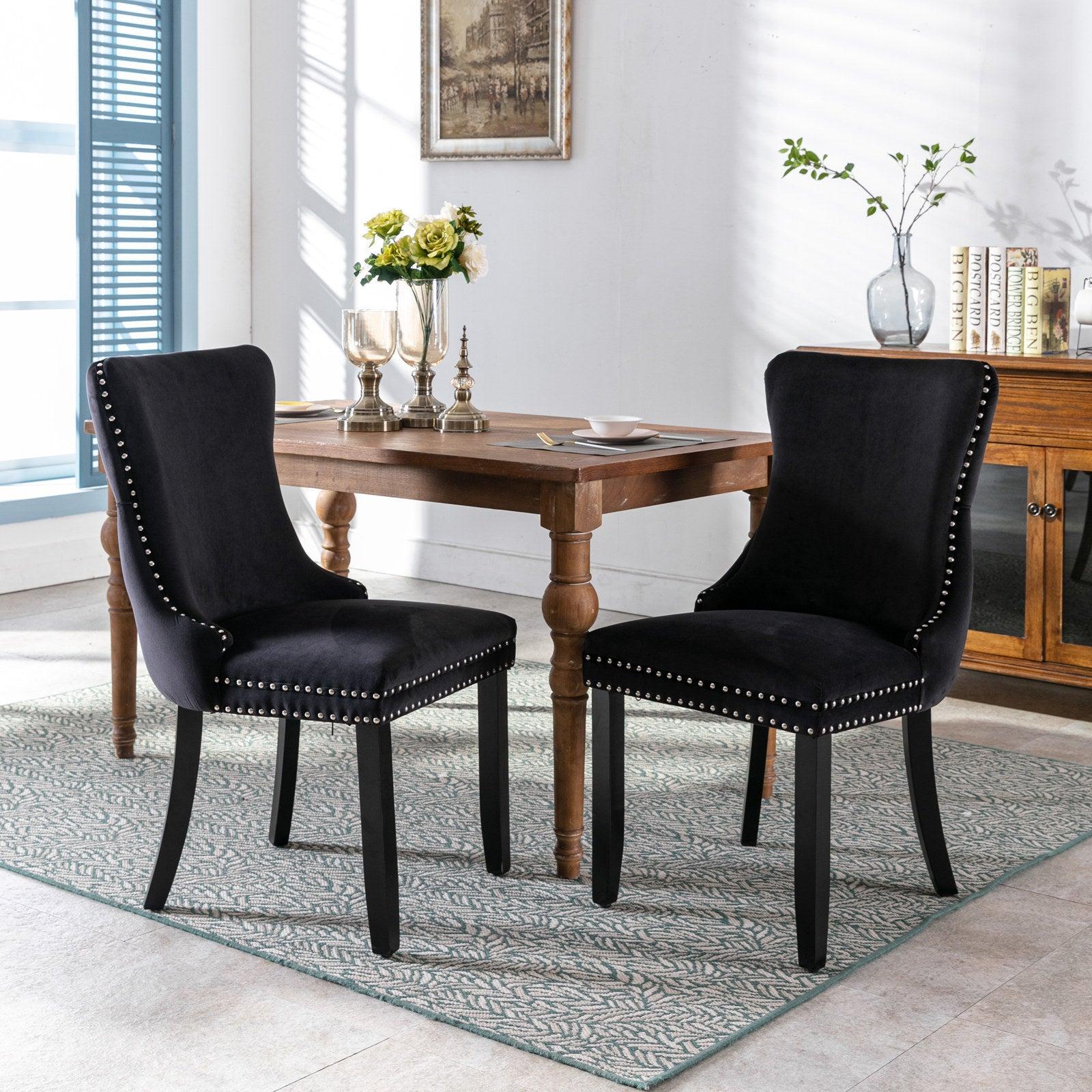 Upholstered Wing-Back Dining Chair with Backstitching Nailhead Trim and Solid Wood Legs,Set of 2, Black,8809BK, KD