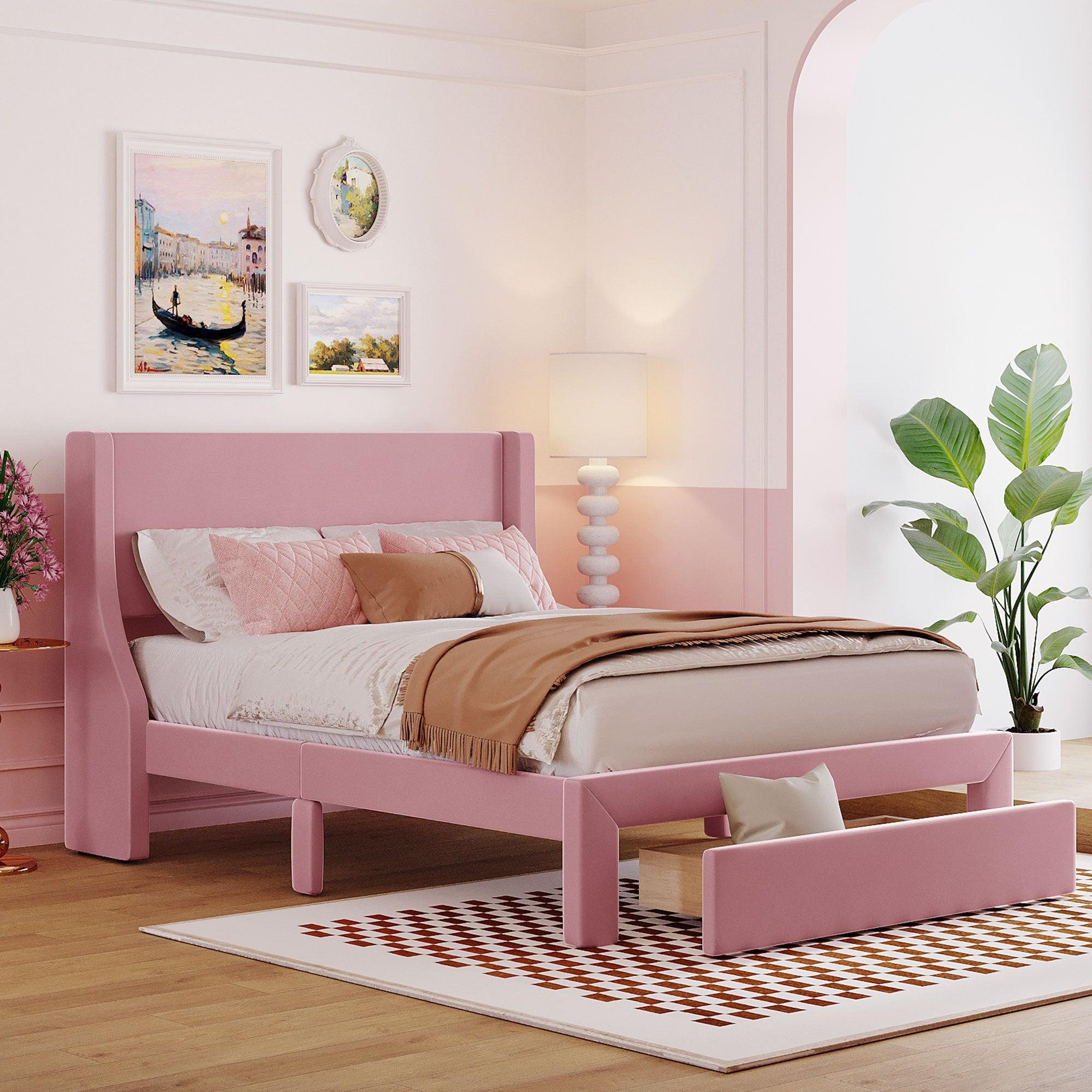 Full SizeStorage Bed Velvet Upholstered Platform Bed with a Big Drawer - Pink image