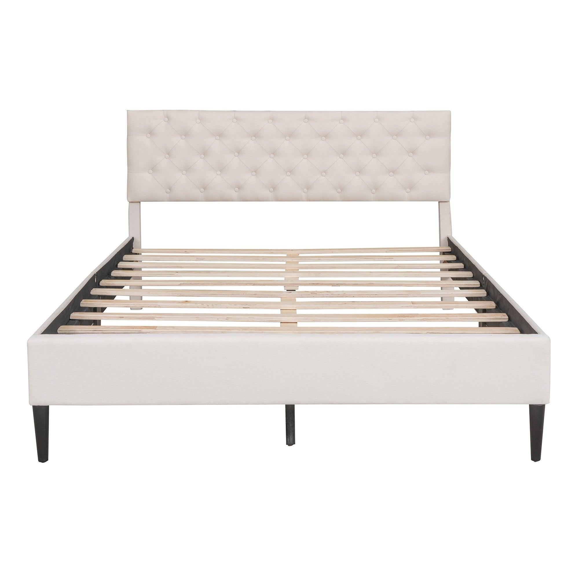 Upholstered Linen Platform Bed, Queen Size, Beige