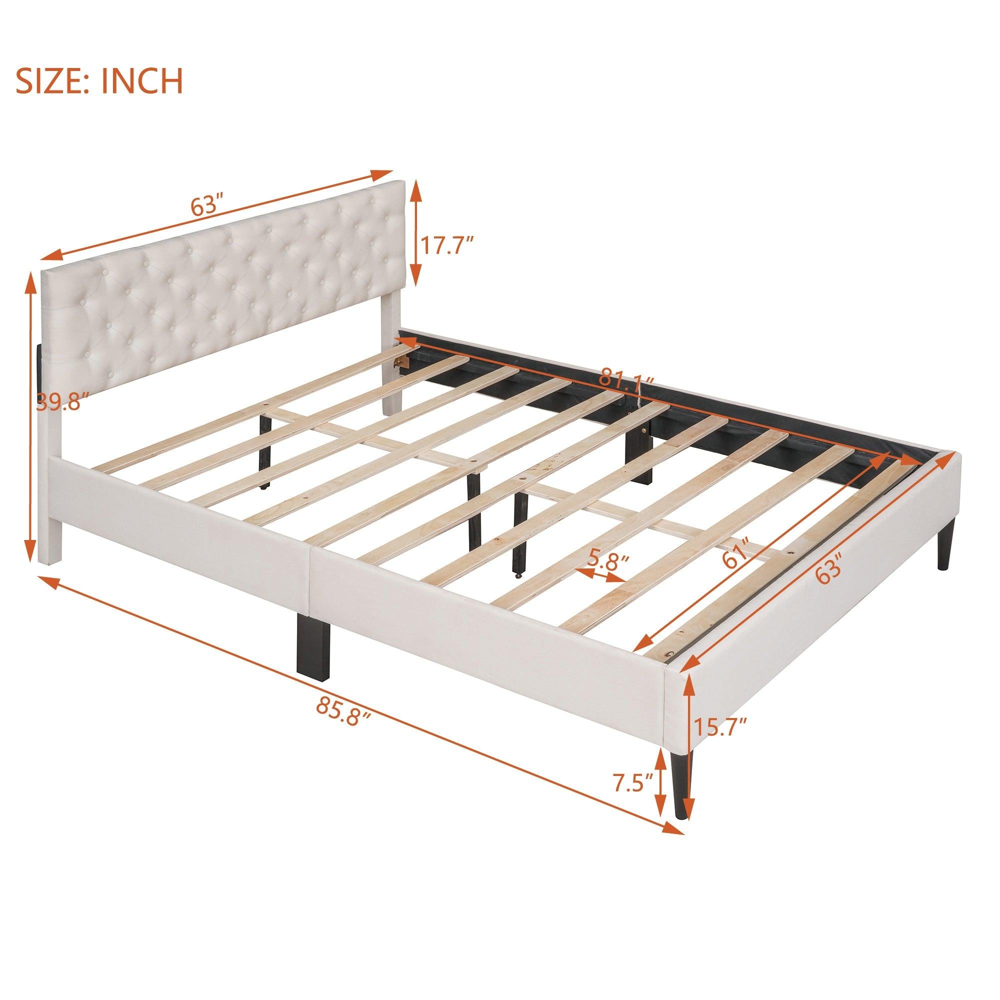 Upholstered Linen Platform Bed, Queen Size, Beige