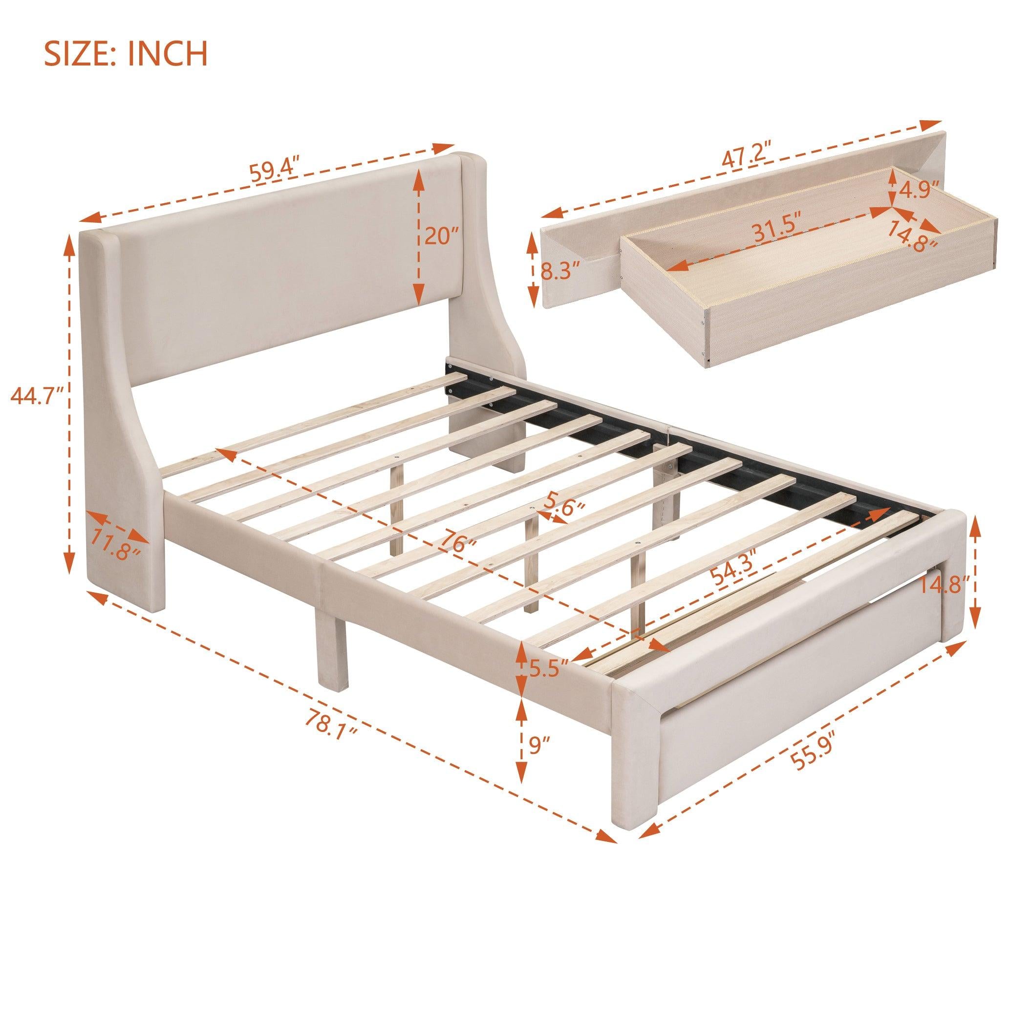 Full SizeStorage Bed Velvet Upholstered Platform Bed with a Big Drawer - Beige